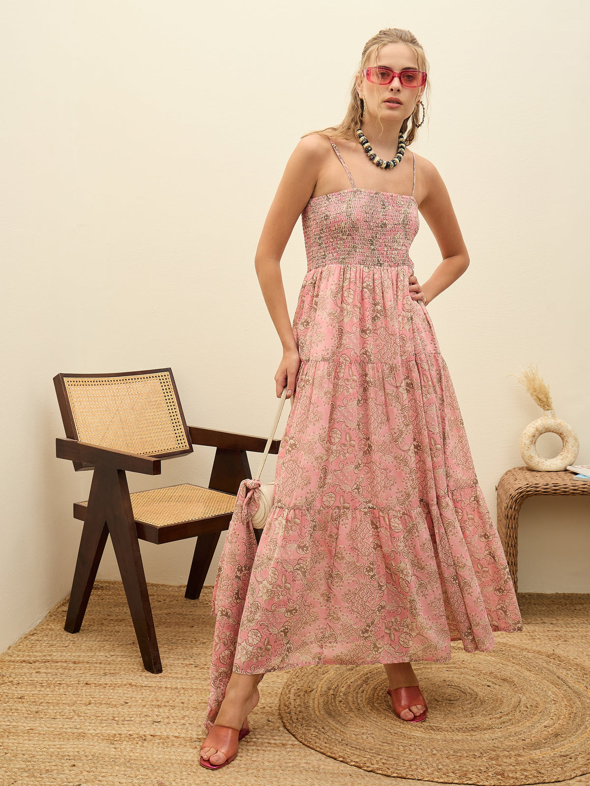 Pink Floral Strappy Smocked Maxi Dress-SASSAFRAS