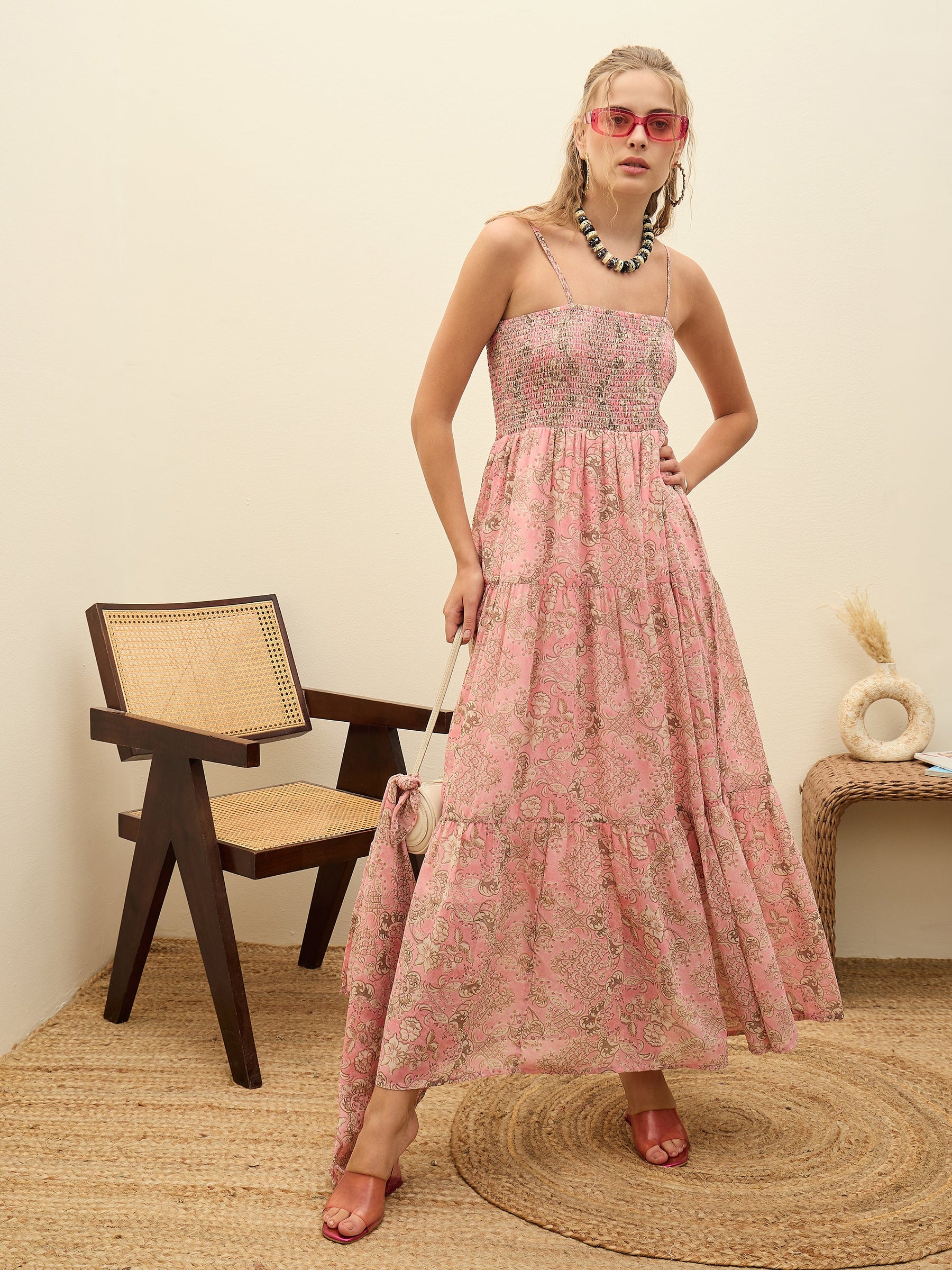 Pink Floral Strappy Smocked Maxi Dress-SASSAFRAS