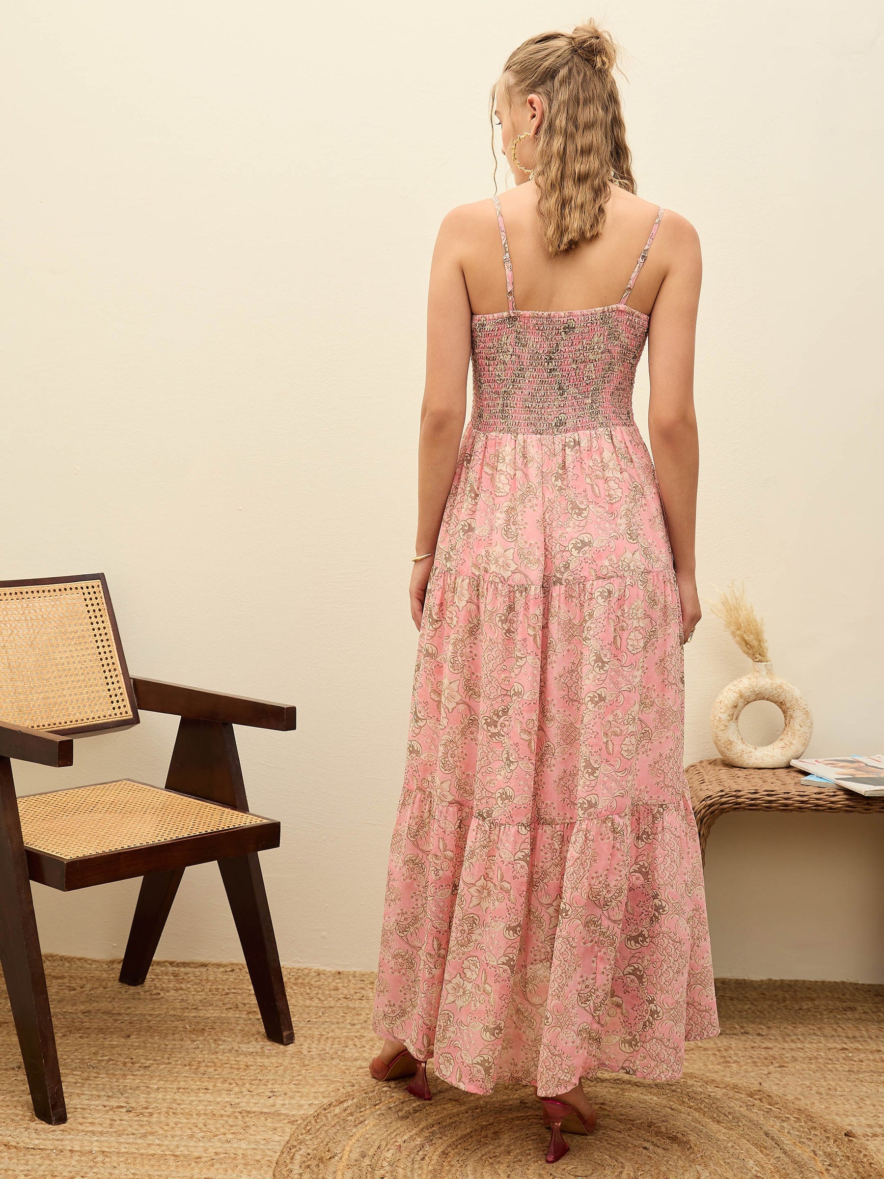 Pink Floral Strappy Smocked Maxi Dress-SASSAFRAS