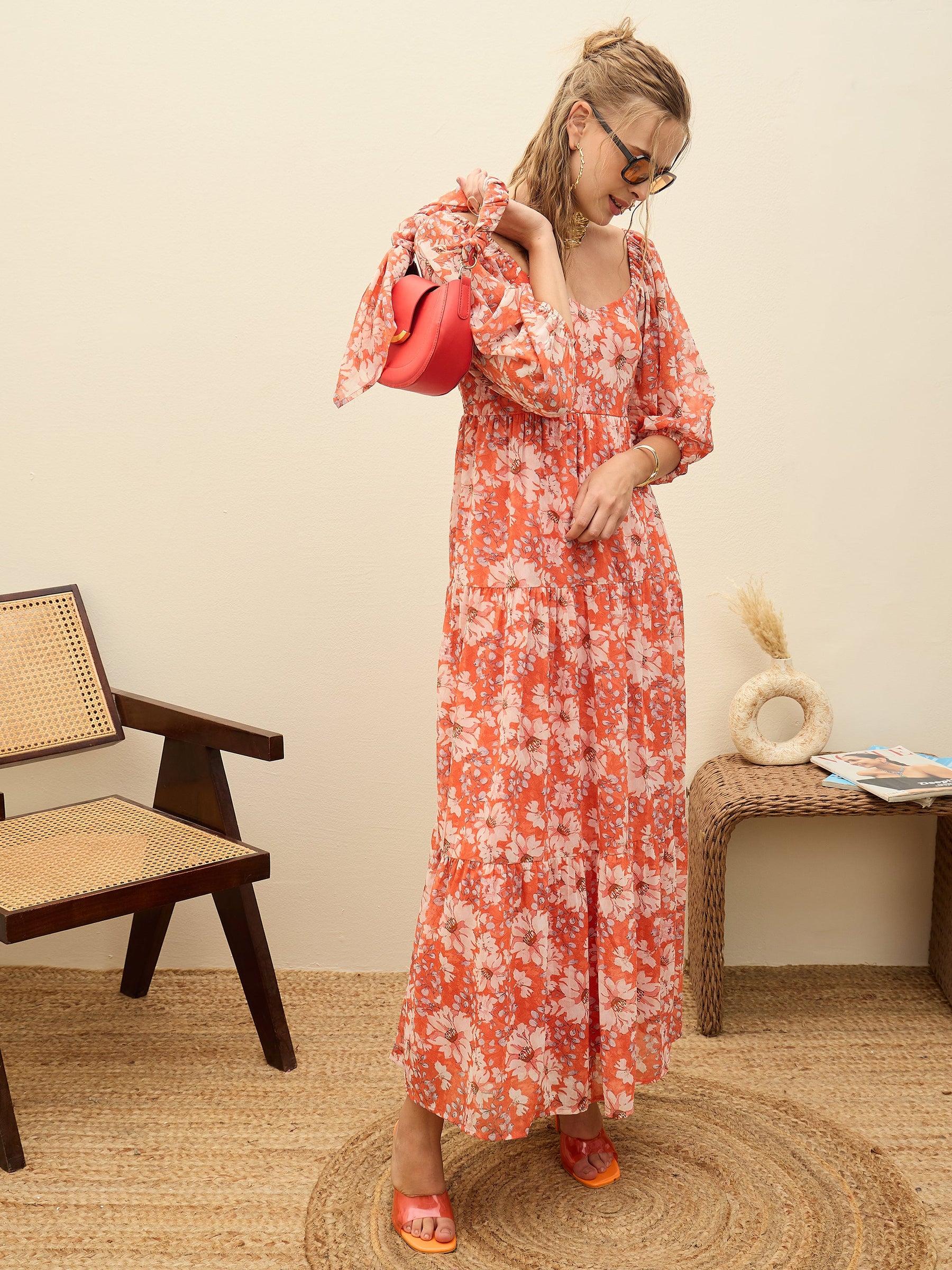Red Floral Sweetheart Neck Maxi Dress-SASSAFRAS