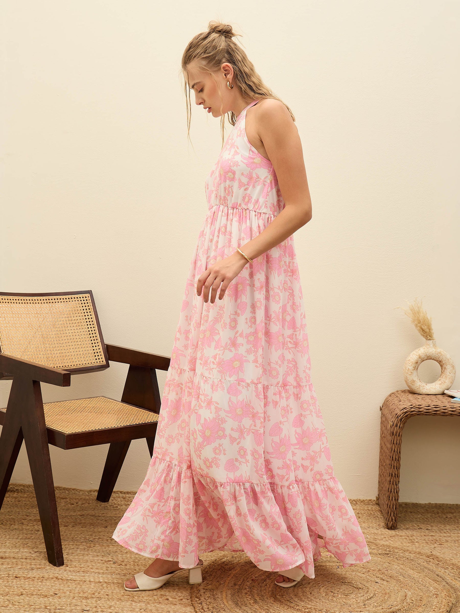 White Floral Halter-Neck Maxi Dress-SASSAFRAS