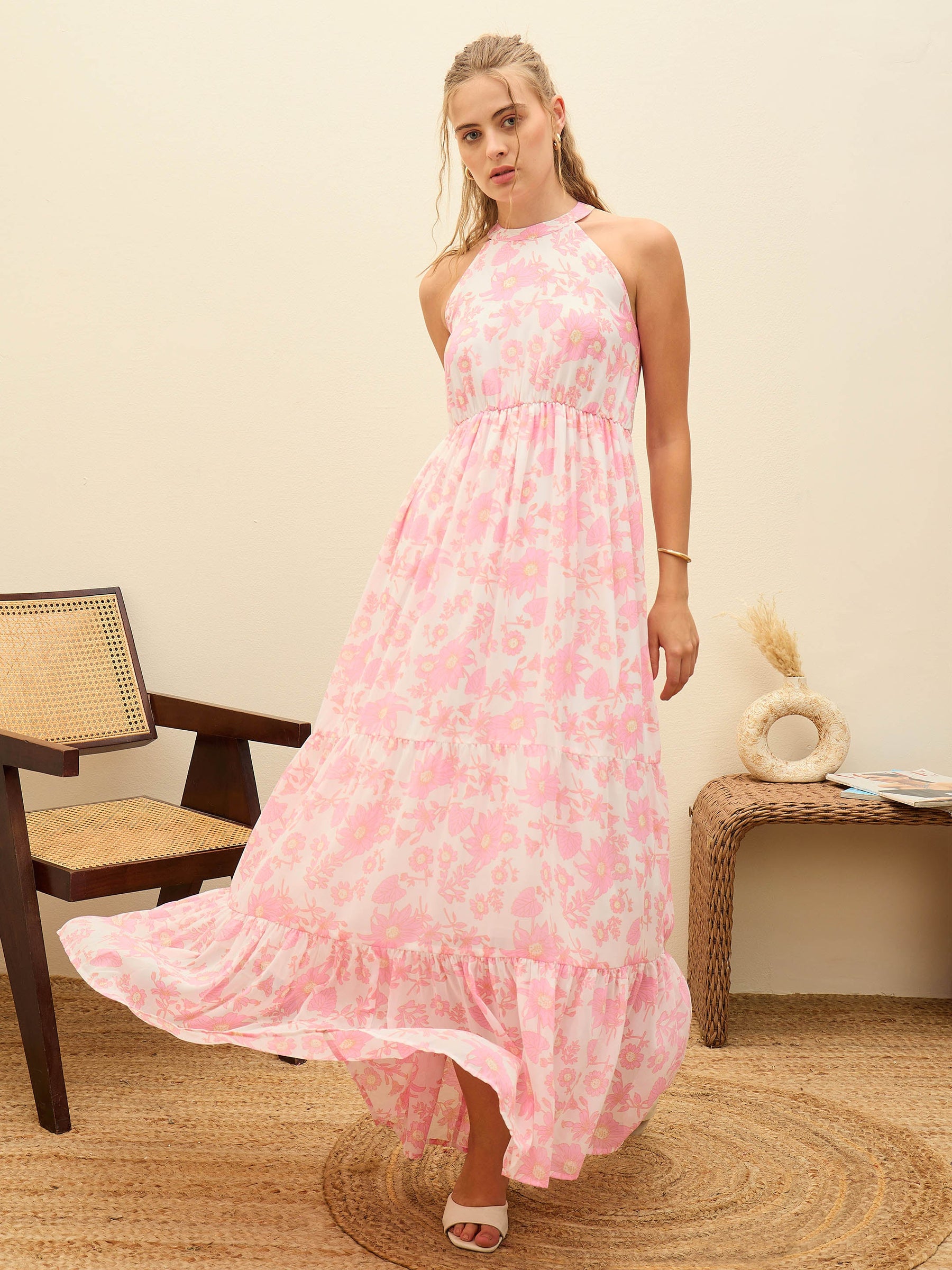 White Floral Halter-Neck Maxi Dress-SASSAFRAS