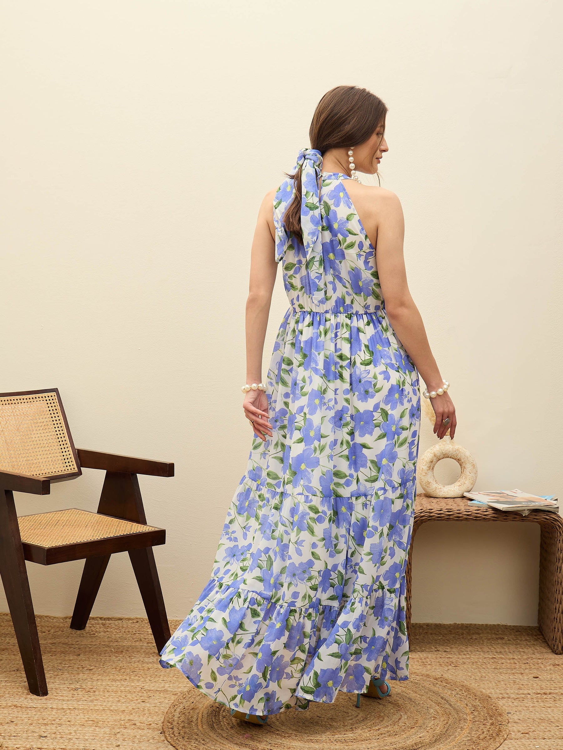 Blue Floral Halter Neck Maxi Dress-SASSAFRAS