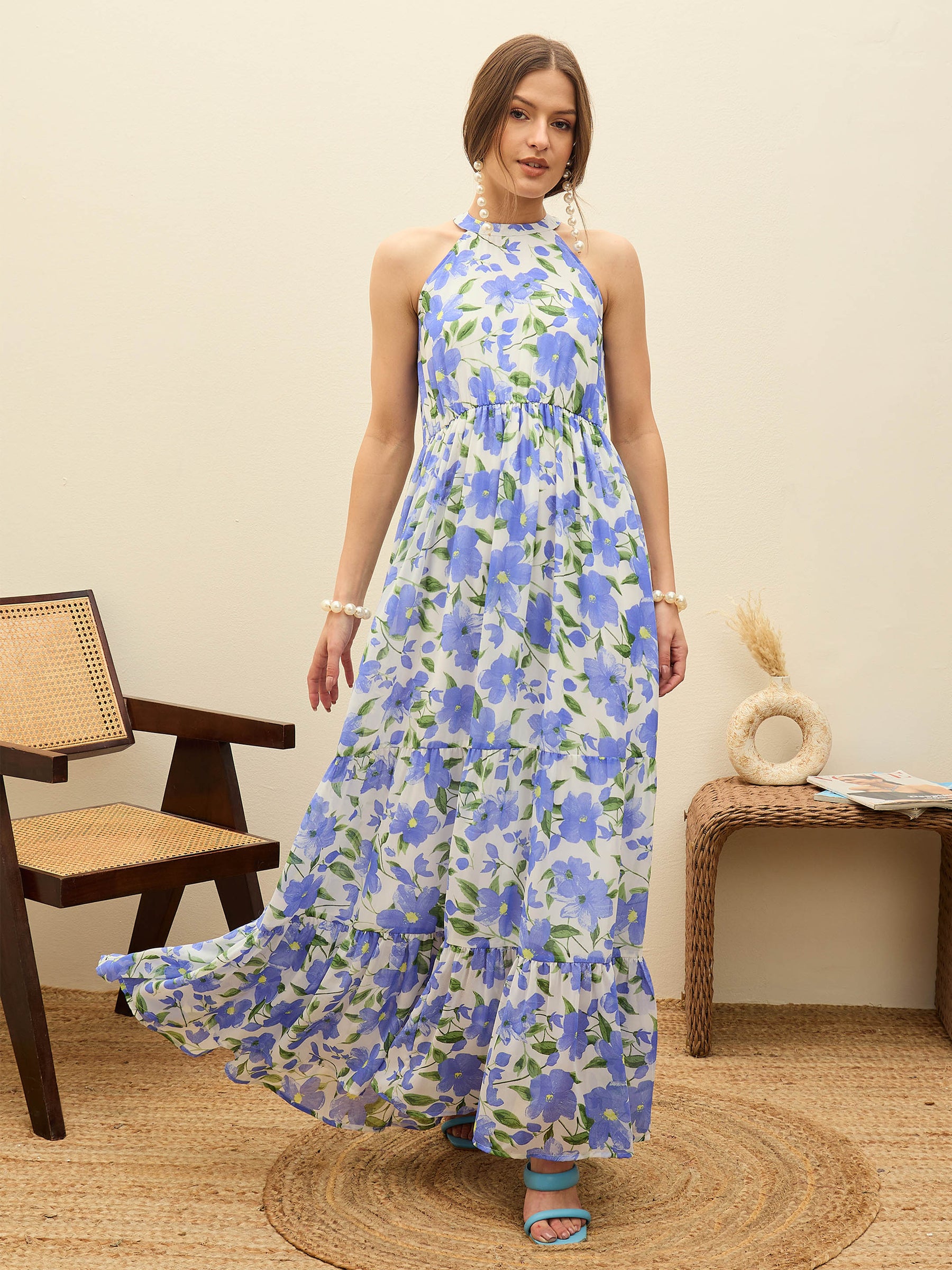 Blue Floral Halter Neck Maxi Dress-SASSAFRAS