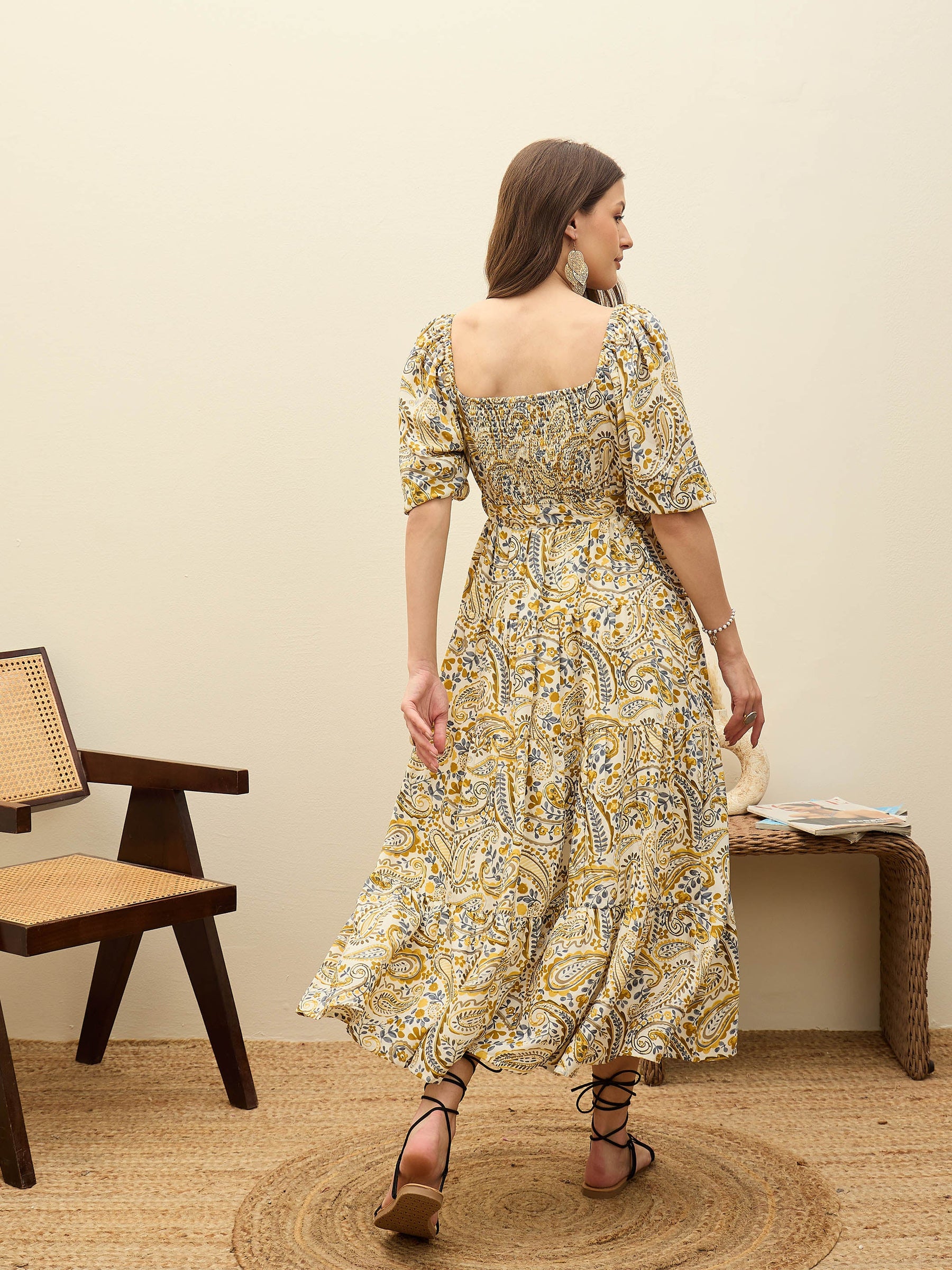 Beige Paisley Belted Midi Dress-SASSAFRAS