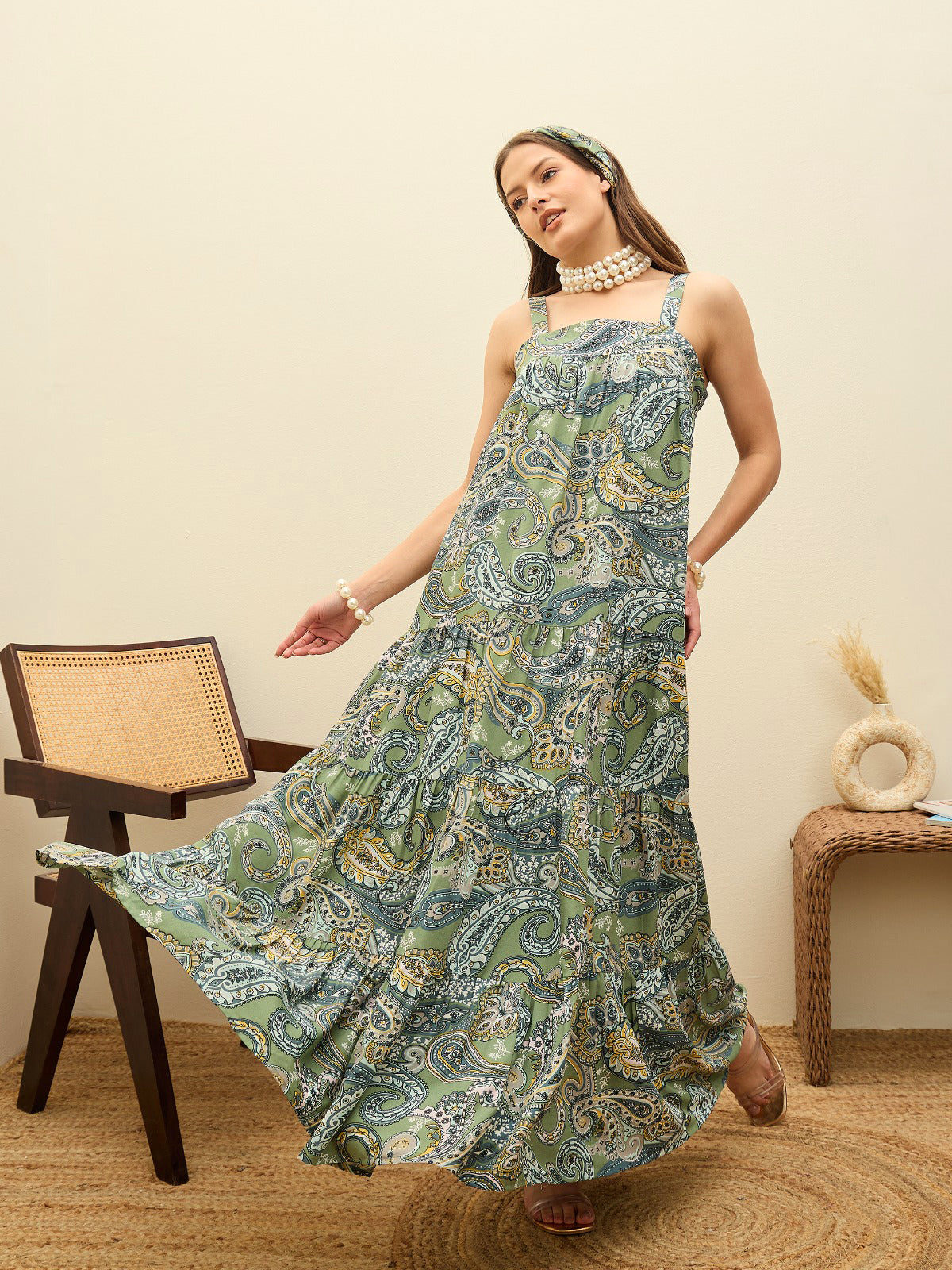 Green Paisley Strappy Tiered Maxi Dress-SASSAFRAS