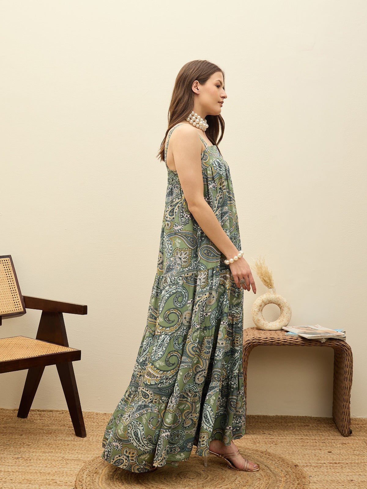 Green Paisley Strappy Tiered Maxi Dress-SASSAFRAS