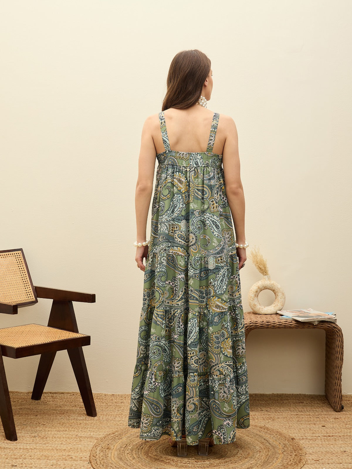 Green Paisley Strappy Tiered Maxi Dress-SASSAFRAS