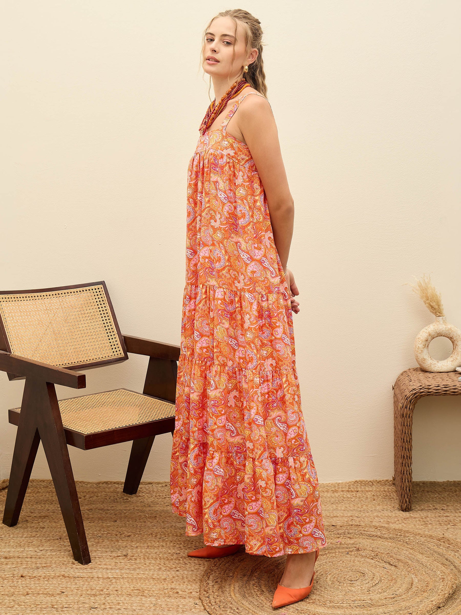Orange Paisley Strappy Tiered Maxi Dress-SASSAFRAS