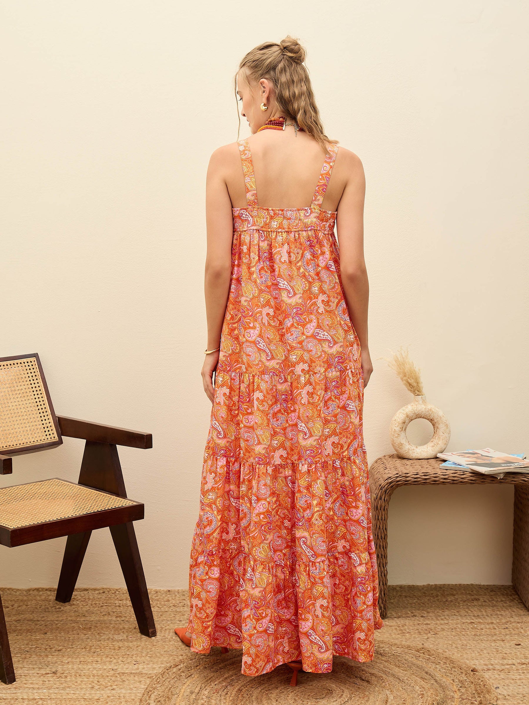 Orange Paisley Strappy Tiered Maxi Dress-SASSAFRAS