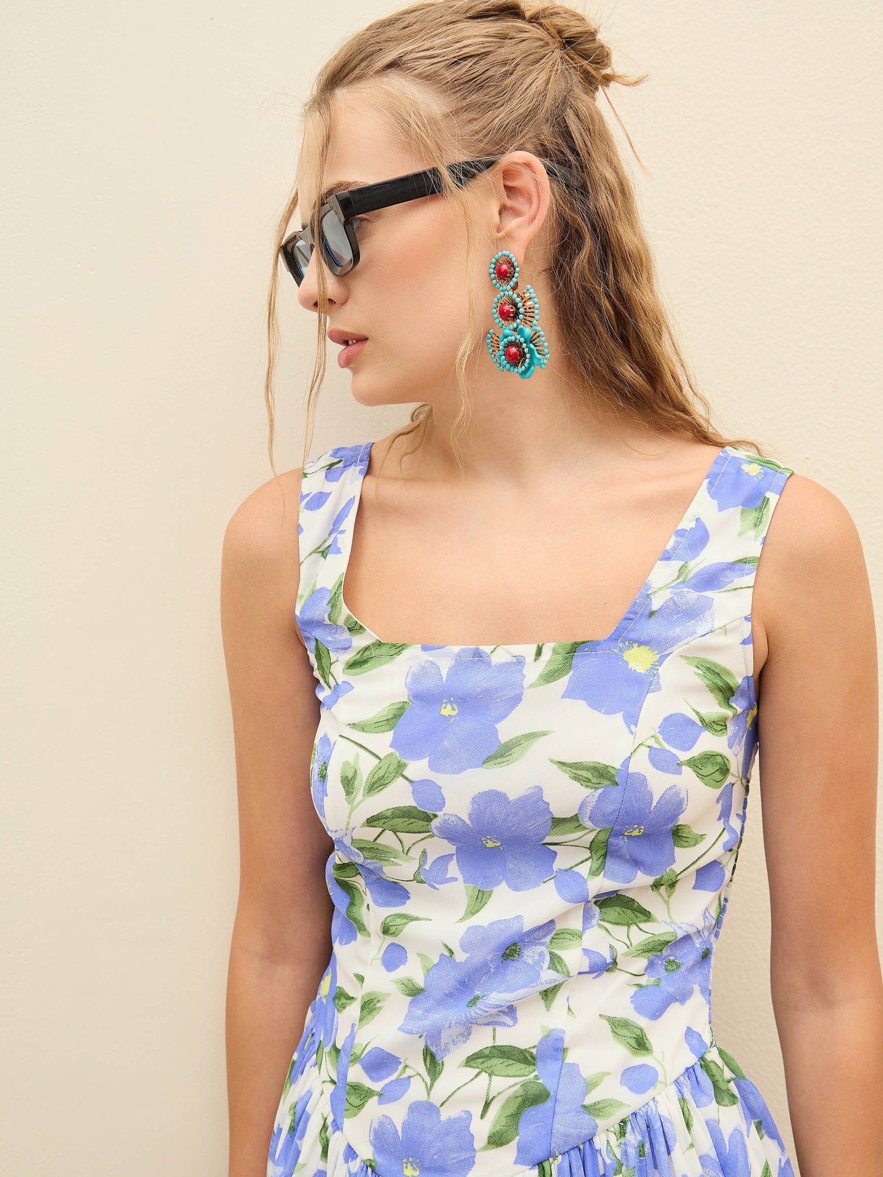 Blue Floral Square Neck Short Dress-SASSAFRAS