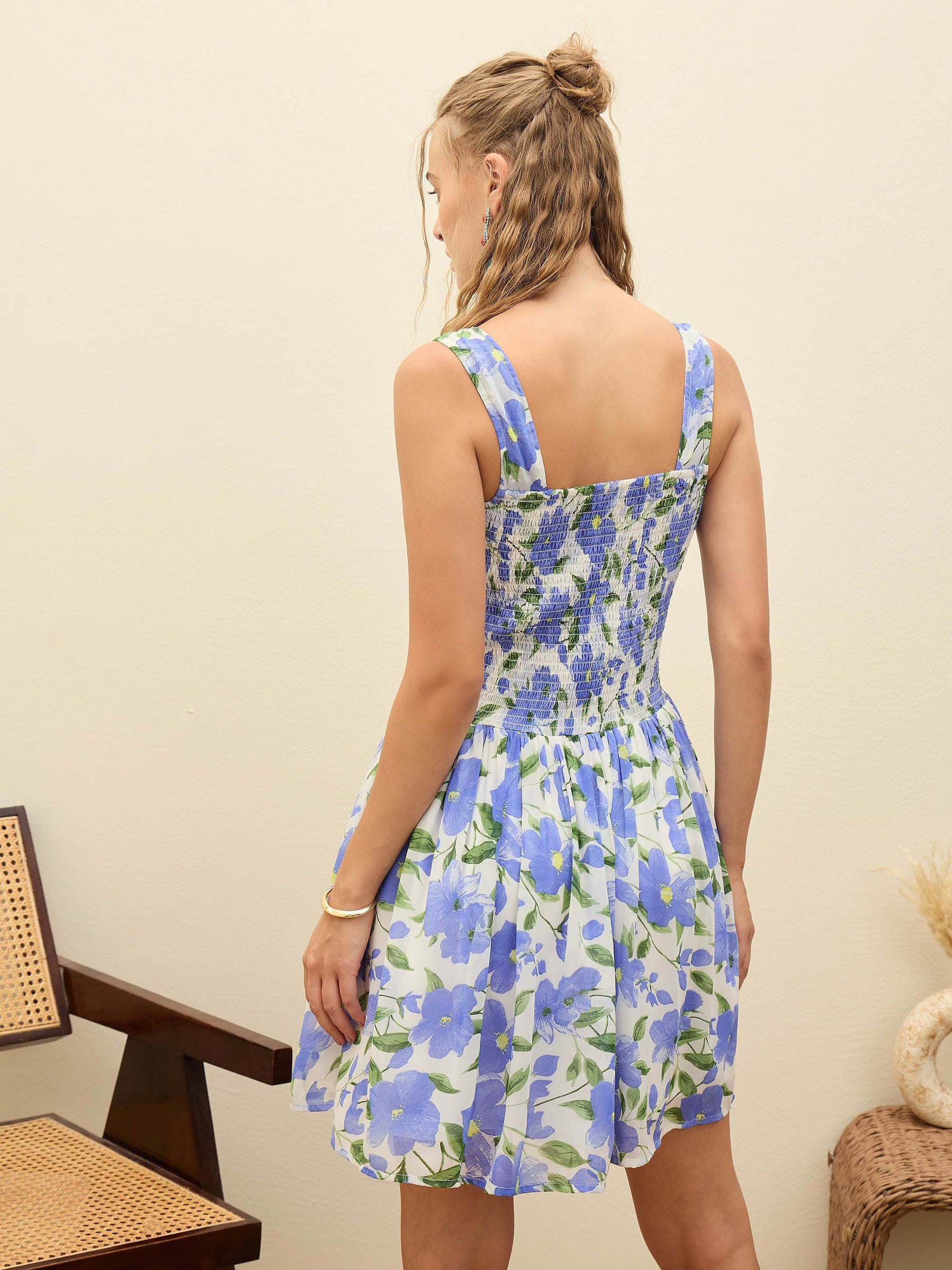 Blue Floral Square Neck Short Dress-SASSAFRAS