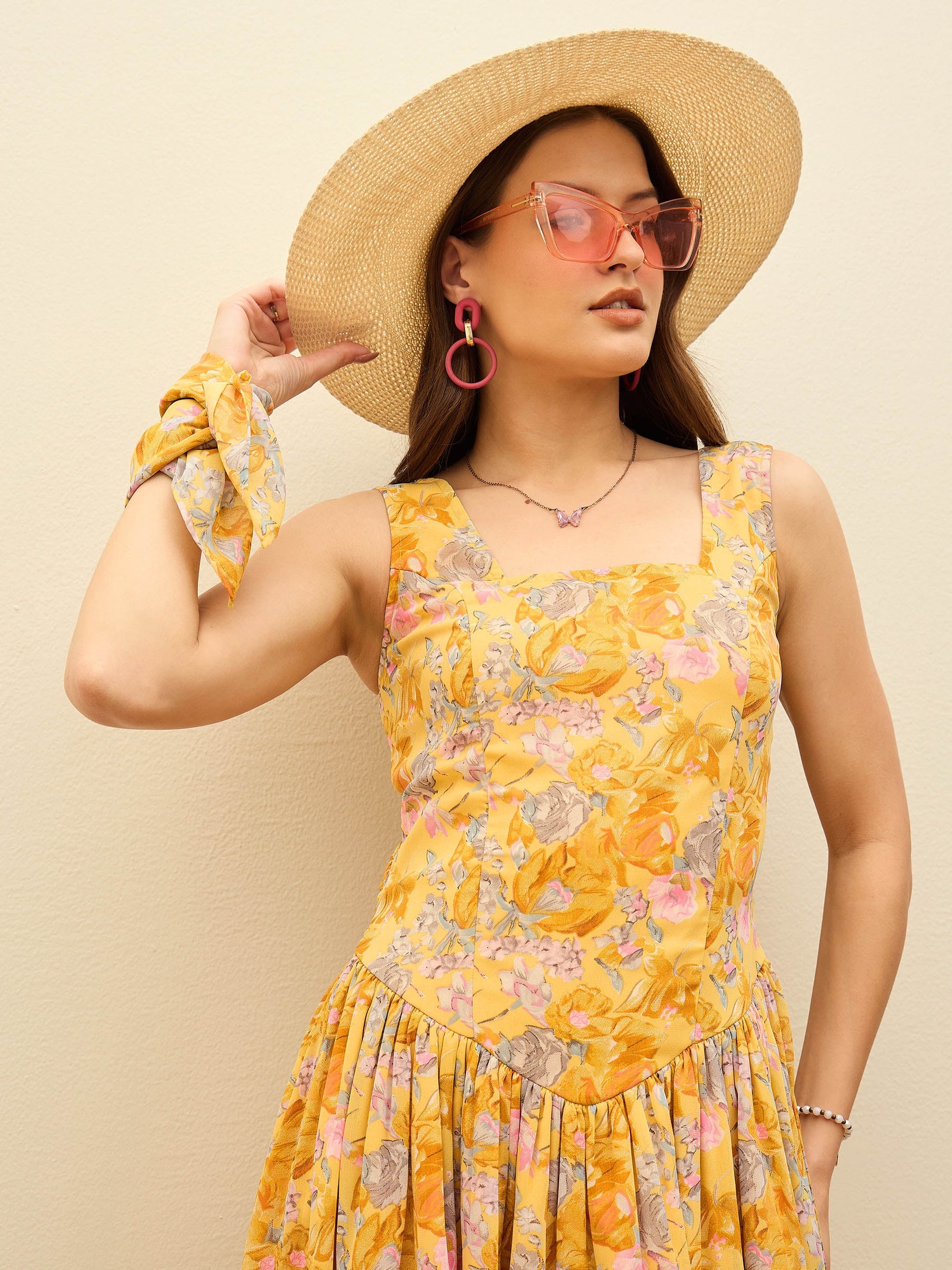 Yellow Floral Square Neck Short Dress-SASSAFRAS