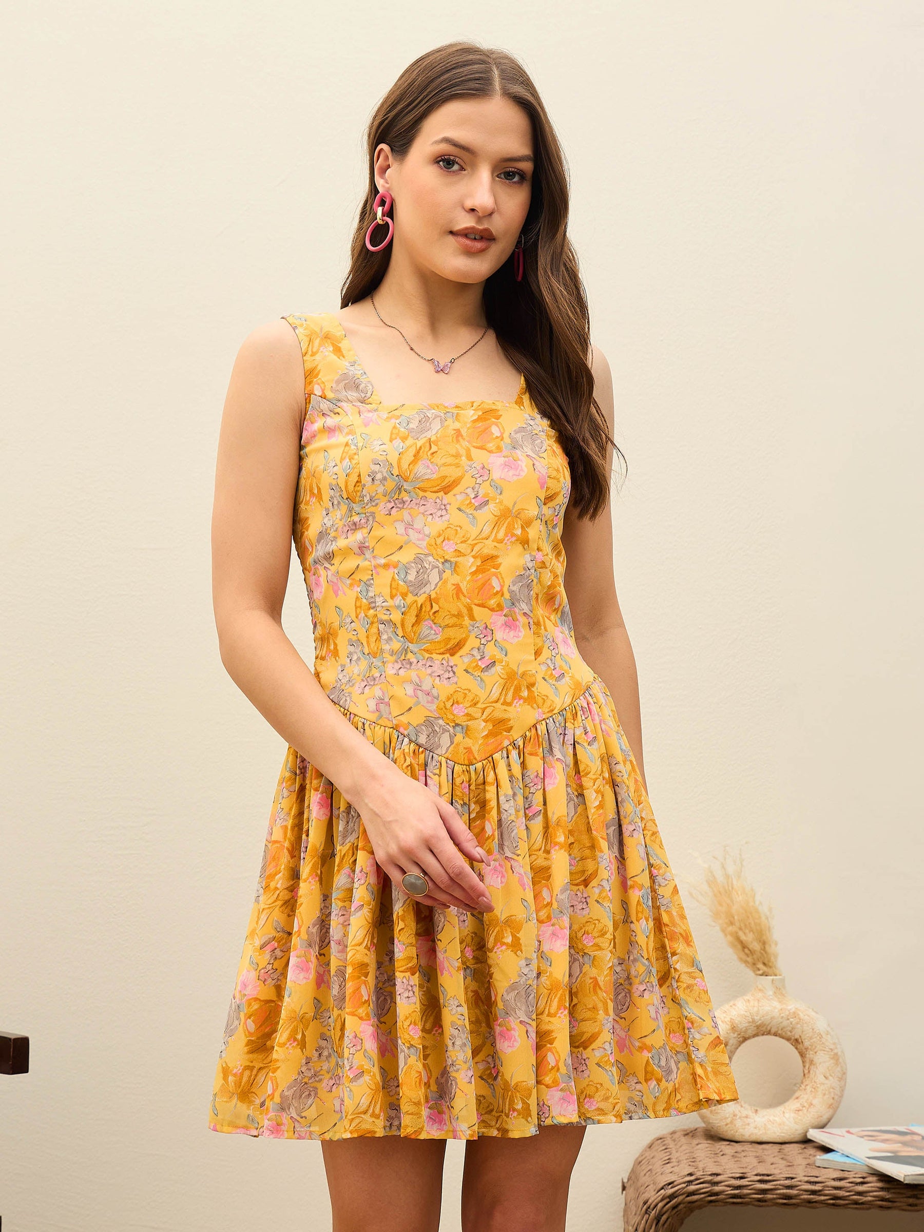 Yellow Floral Square Neck Short Dress-SASSAFRAS