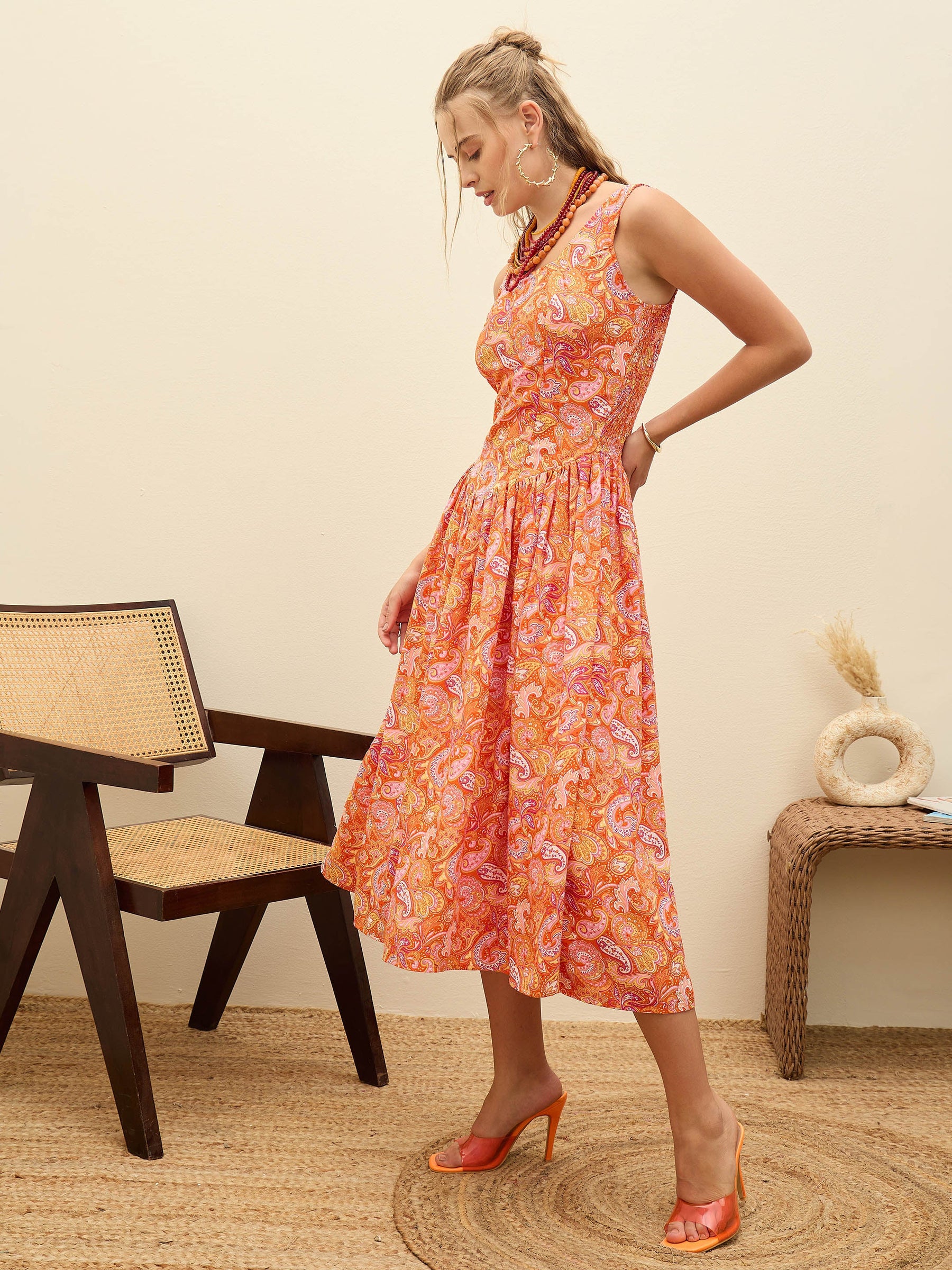 Orange Paisley Strappy Midi Dress-SASSAFRAS