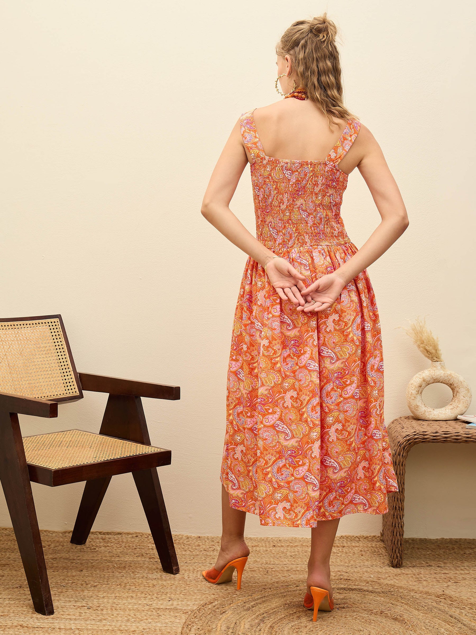 Orange Paisley Strappy Midi Dress-SASSAFRAS