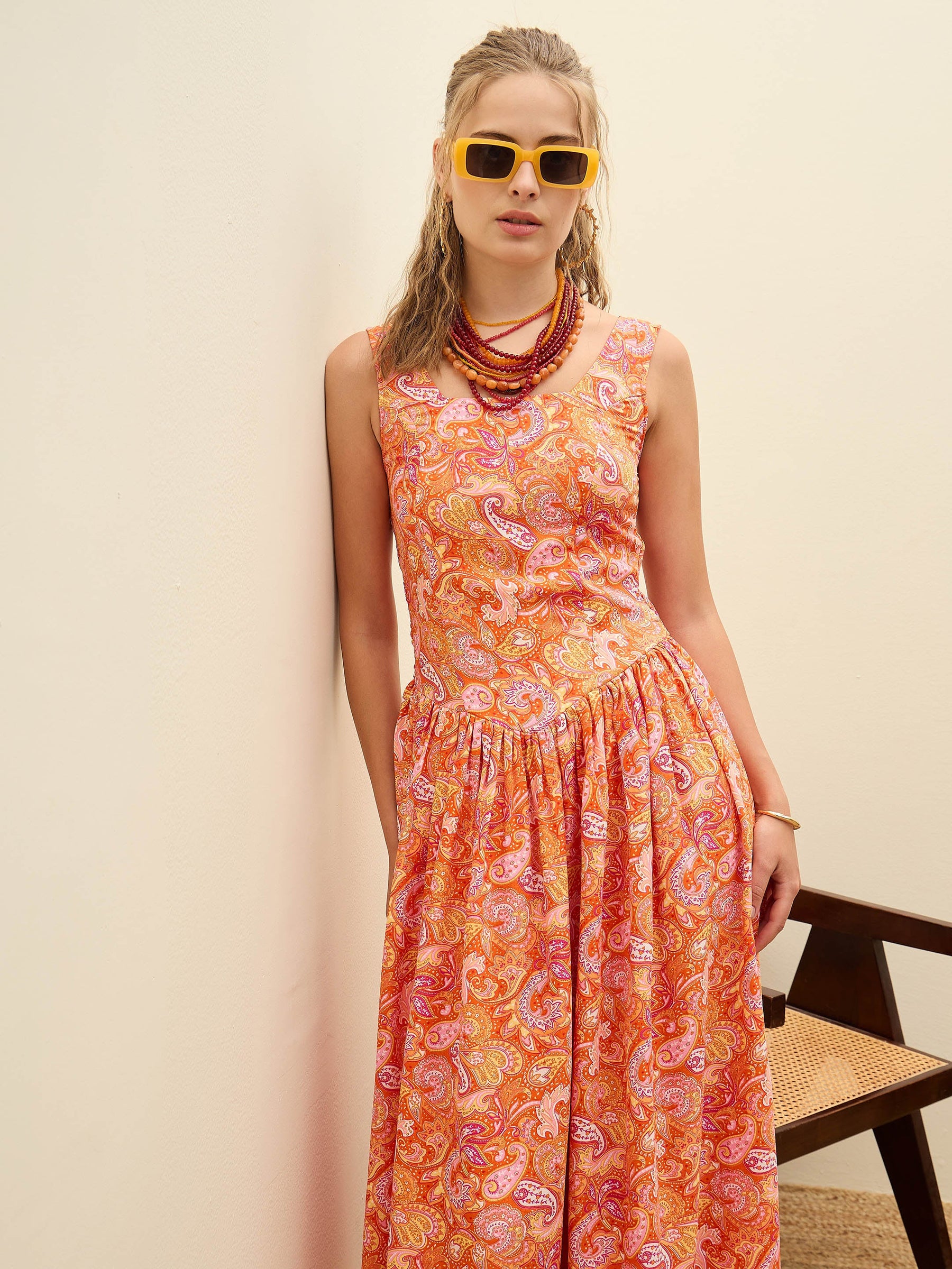 Orange Paisley Strappy Midi Dress-SASSAFRAS