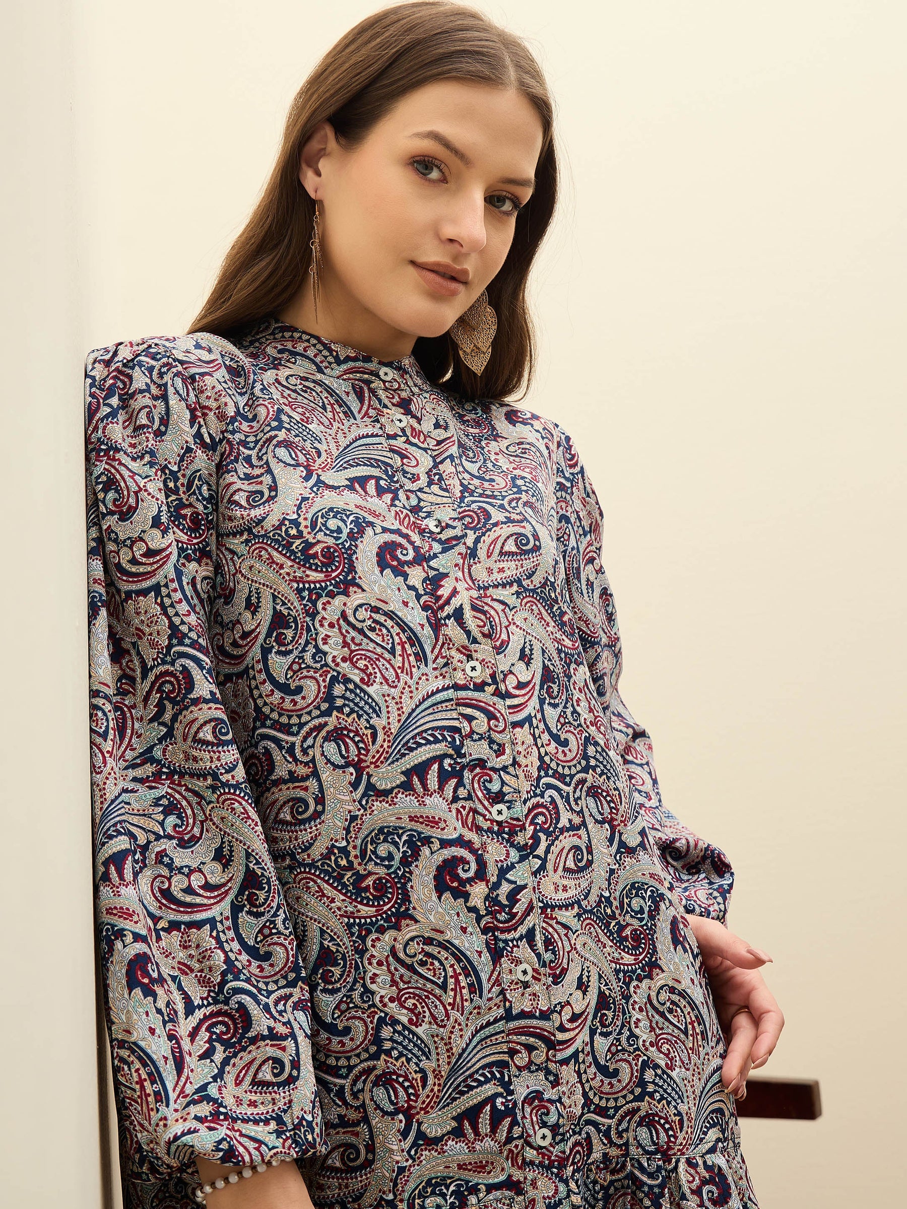 Navy Blue Paisley Shirt Dress-SASSAFRAS