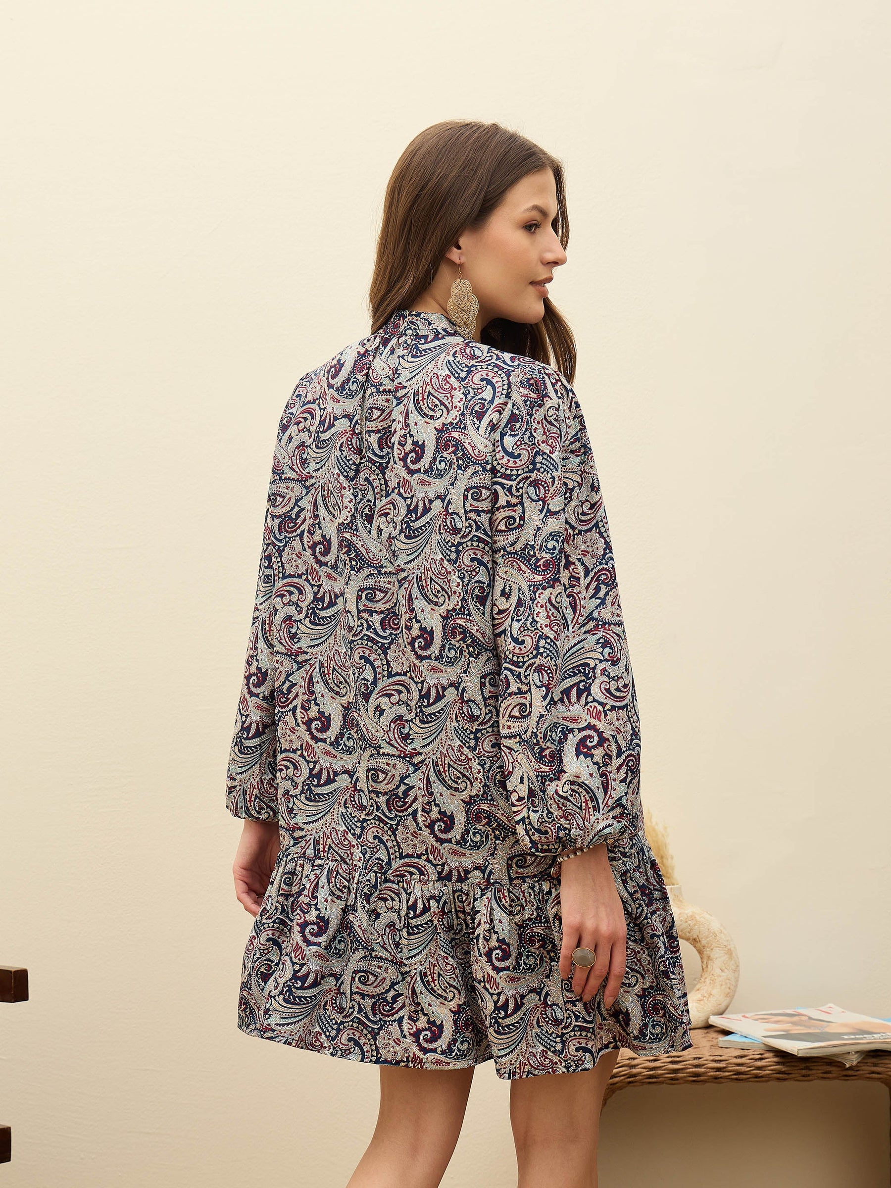 Navy Blue Paisley Shirt Dress-SASSAFRAS