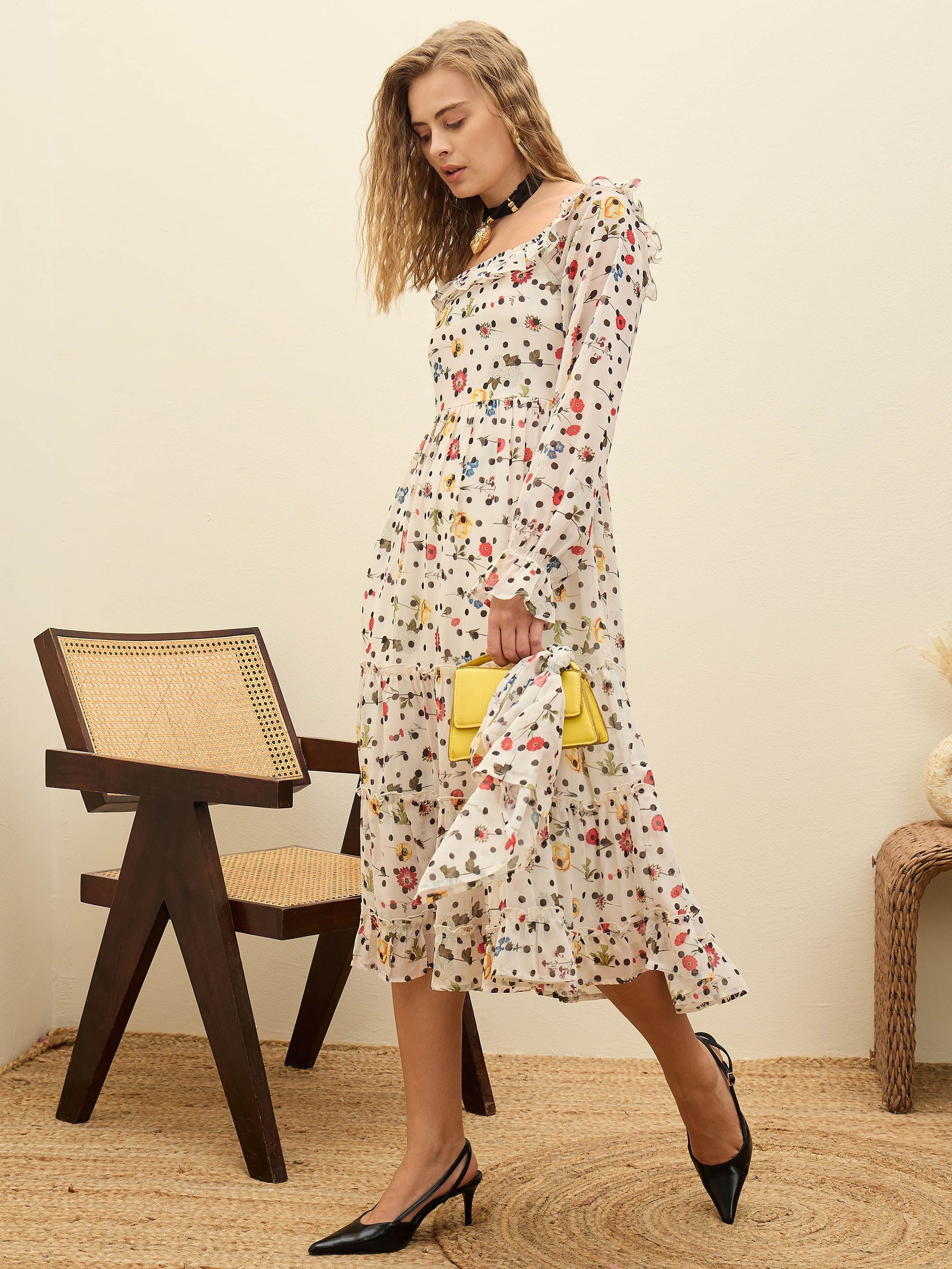 Off-White Ditsy Floral Square Neck Maxi Dress-SASSAFRAS