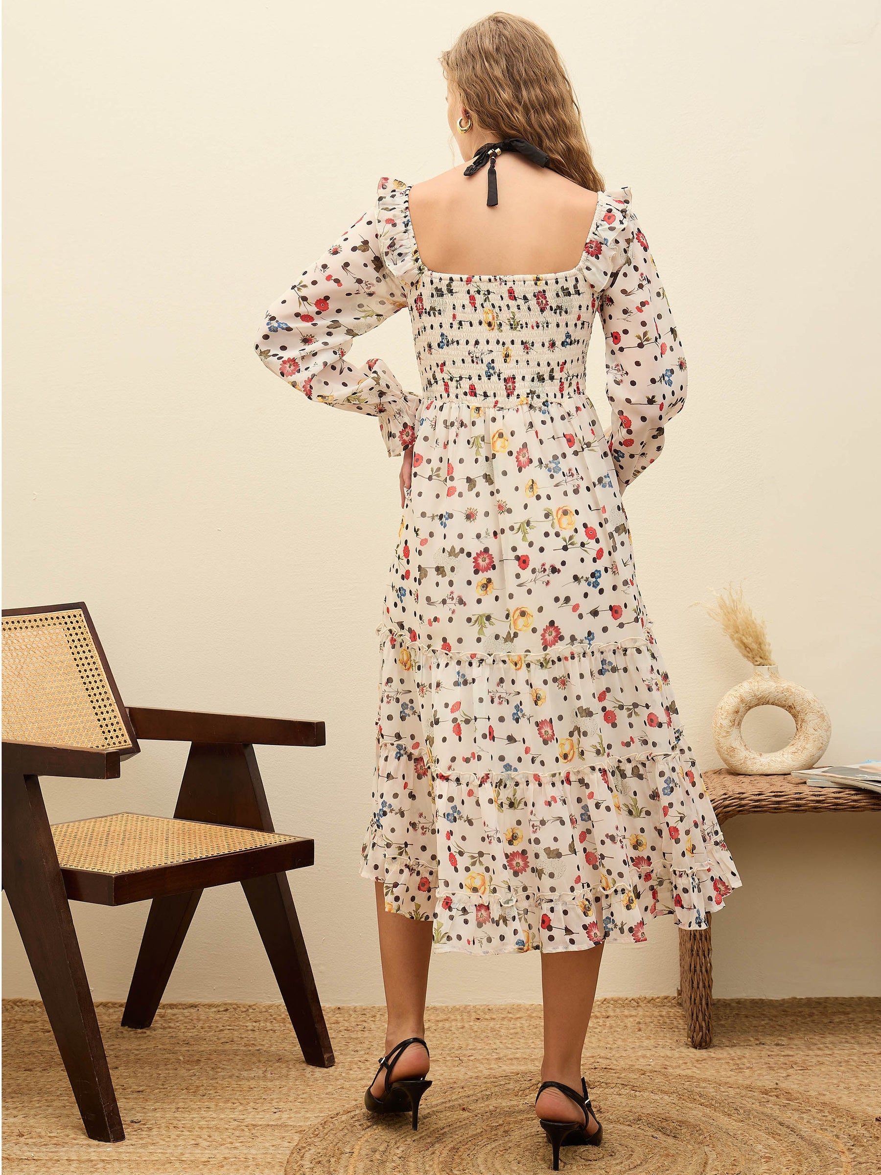 Off-White Ditsy Floral Square Neck Maxi Dress-SASSAFRAS
