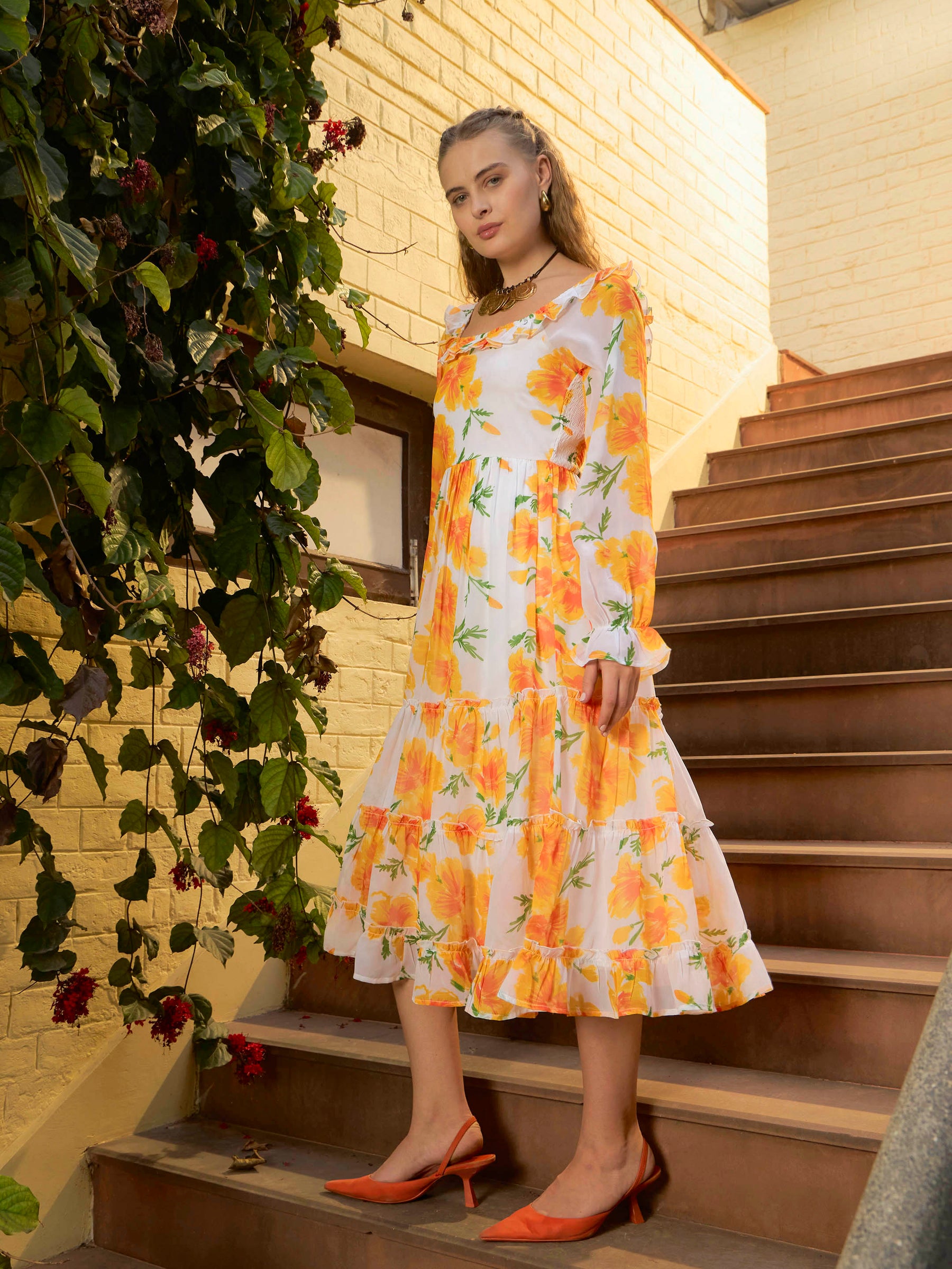 Yellow Floral Square Neck Maxi Dress-SASSAFRAS
