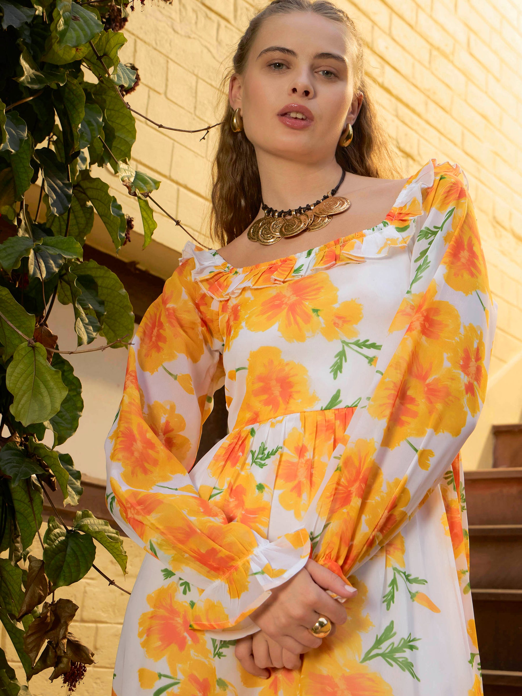 Yellow Floral Square Neck Maxi Dress-SASSAFRAS