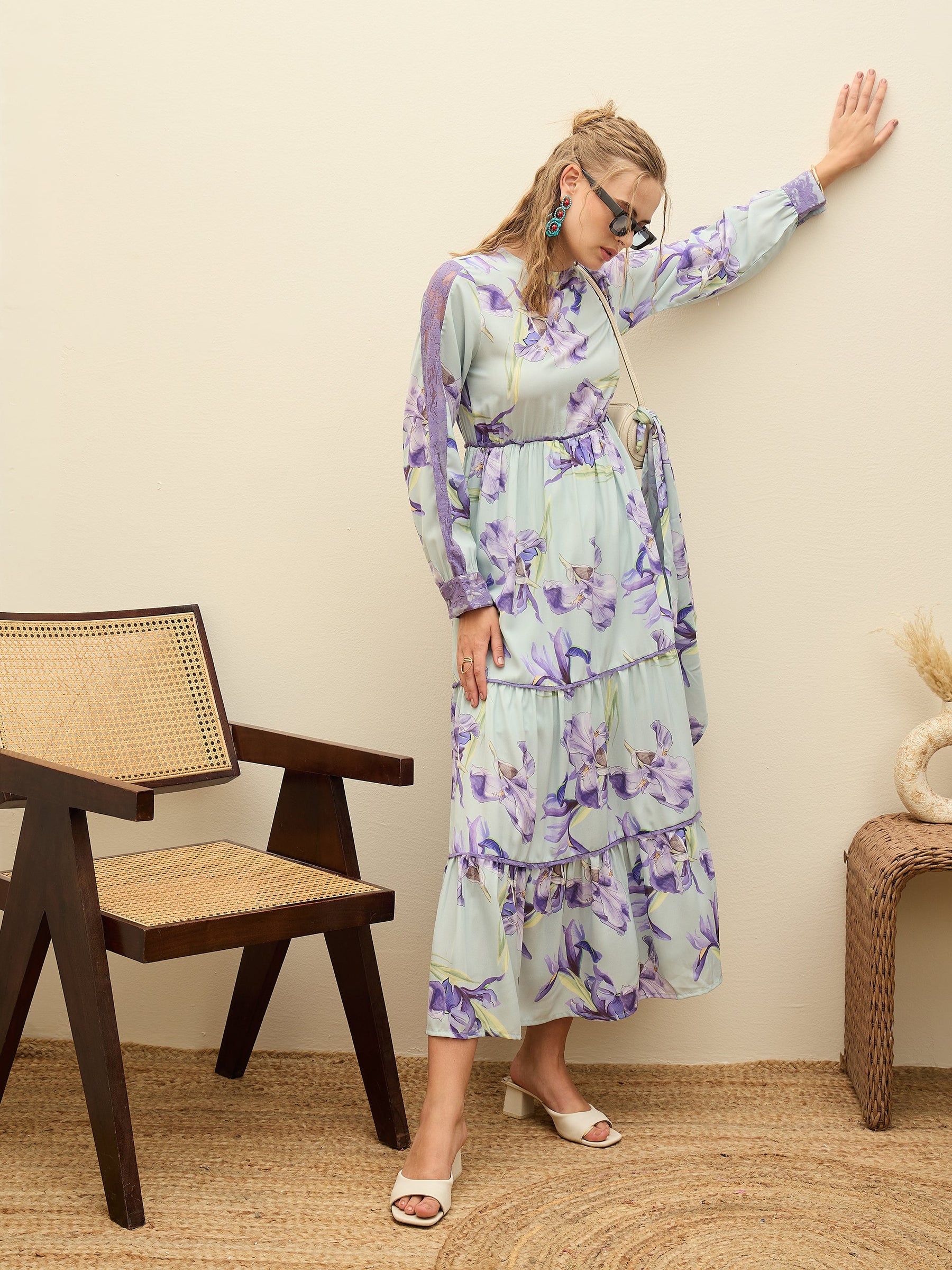See Green Floral Tiered Maxi Dress-SASSAFRAS