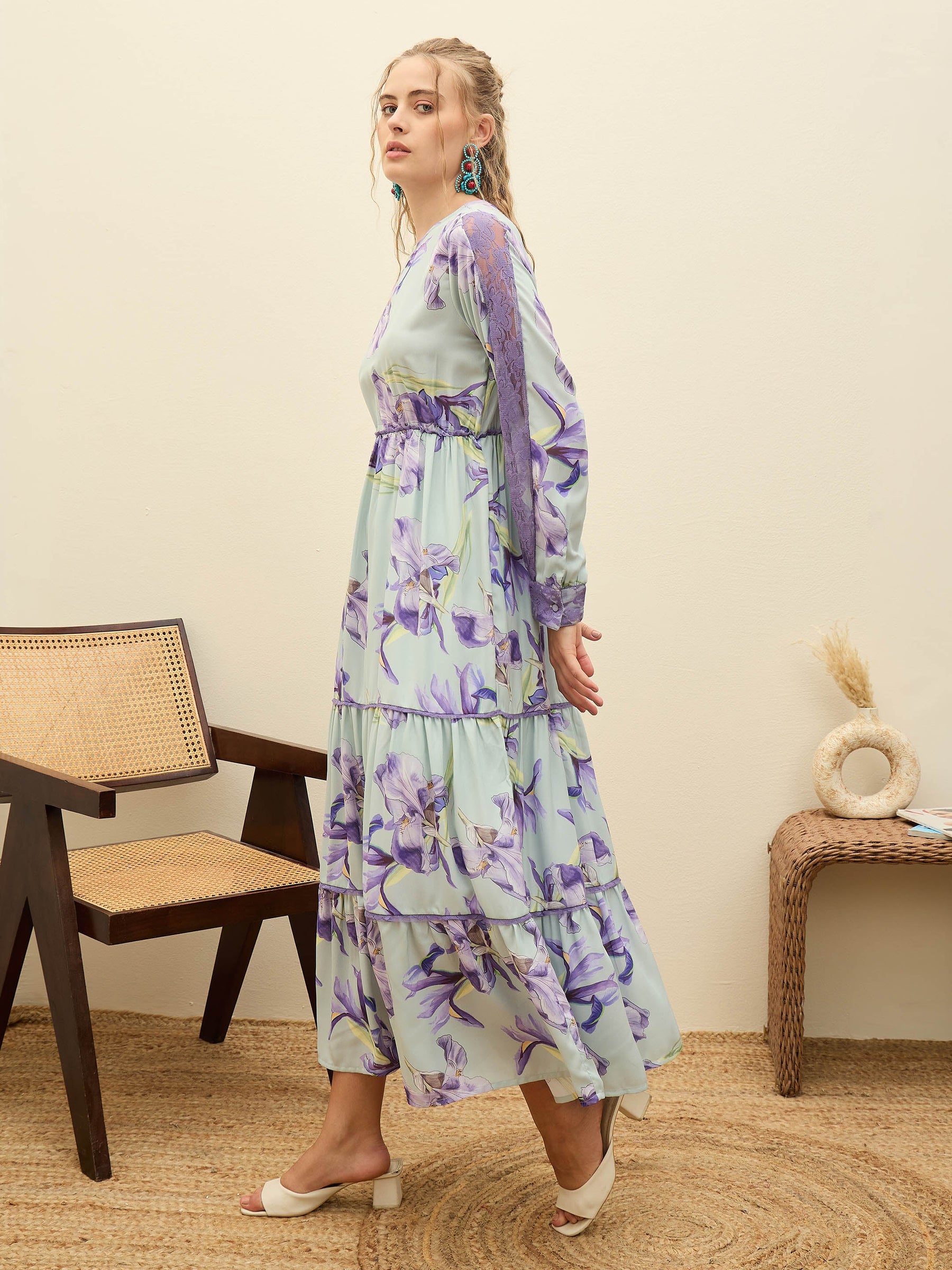 See Green Floral Tiered Maxi Dress-SASSAFRAS