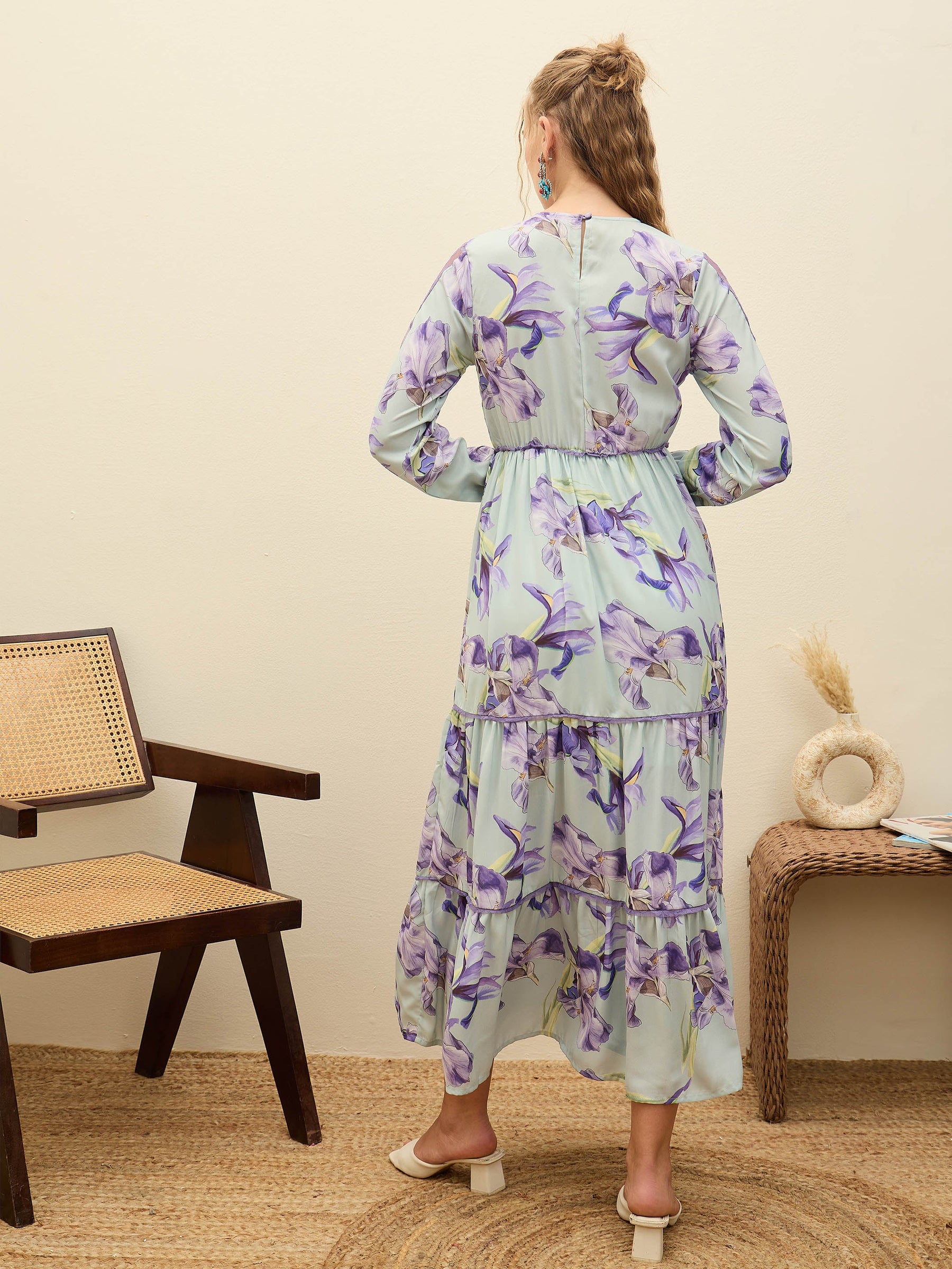 See Green Floral Tiered Maxi Dress-SASSAFRAS