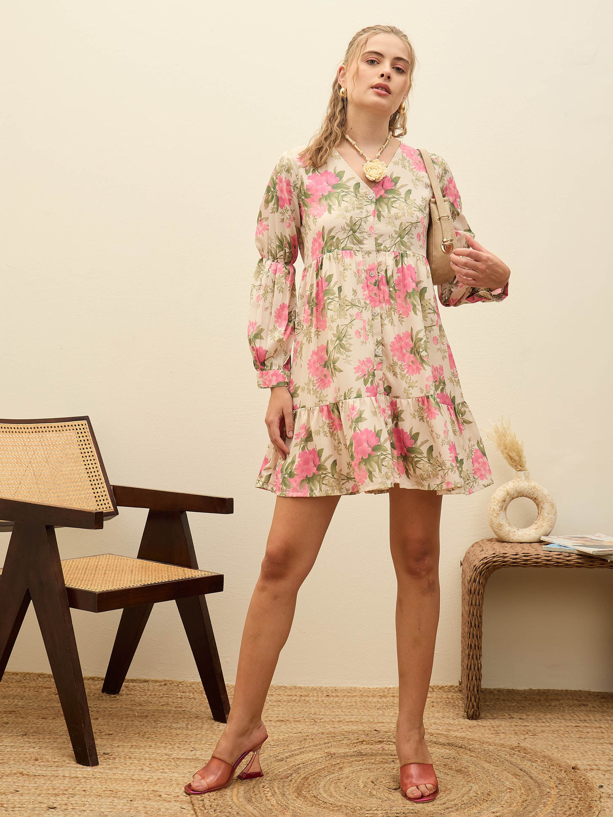 Beige Floral Ruffle Hem V-Neck Short Dress-SASSAFRAS