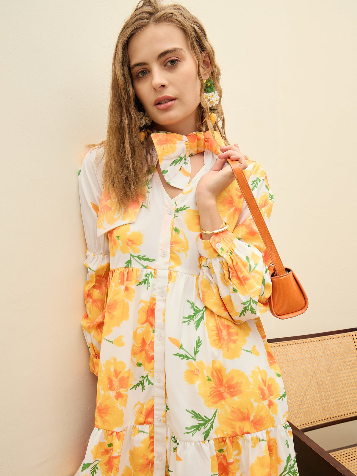 Yellow Floral Ruffle Hem V-Neck Short Dress-SASSAFRAS