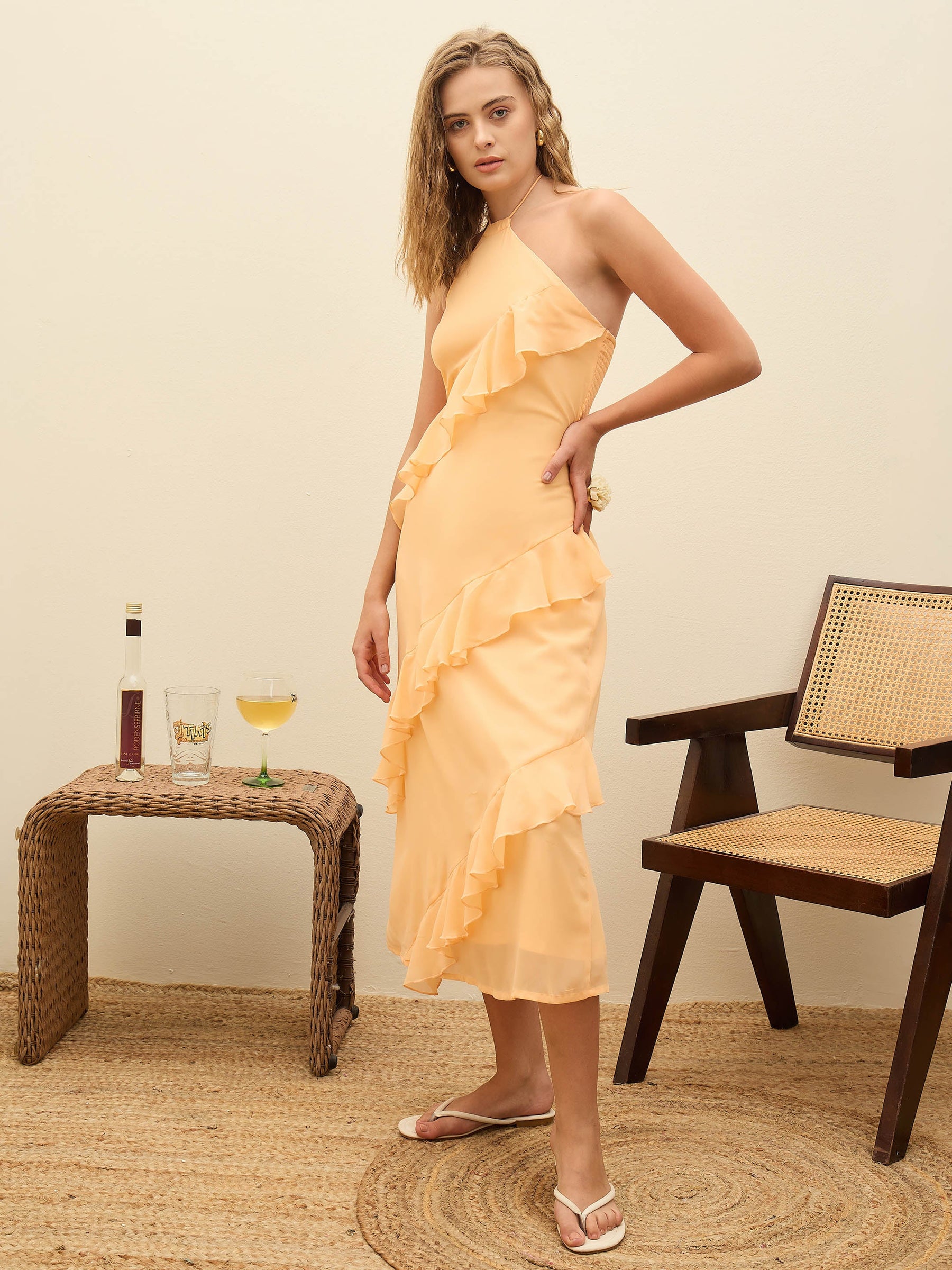 Peach Solid Halter Neck Maxi Dress-SASSAFRAS