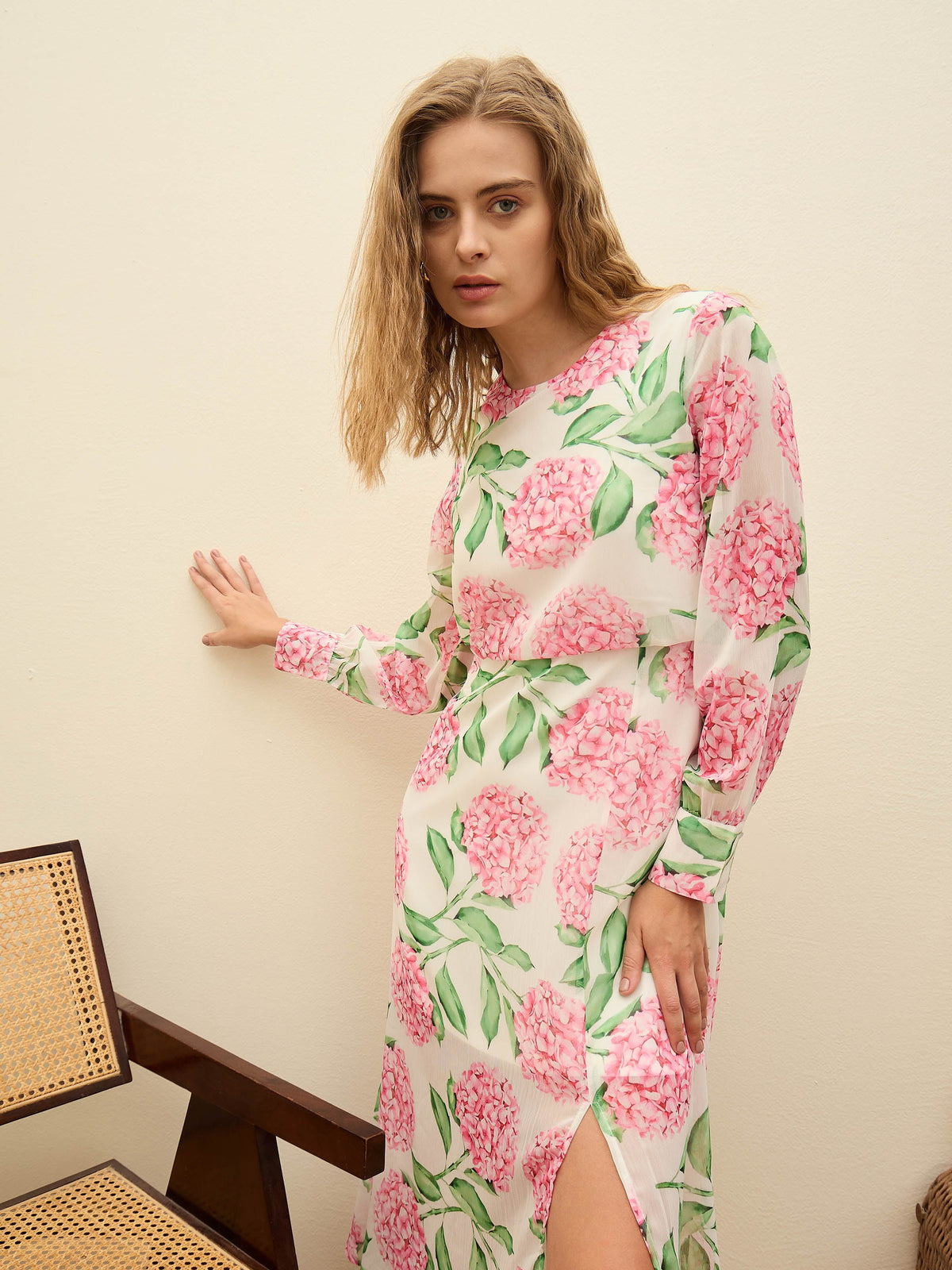 White Floral Front Yoke Midi Dress-SASSAFRAS