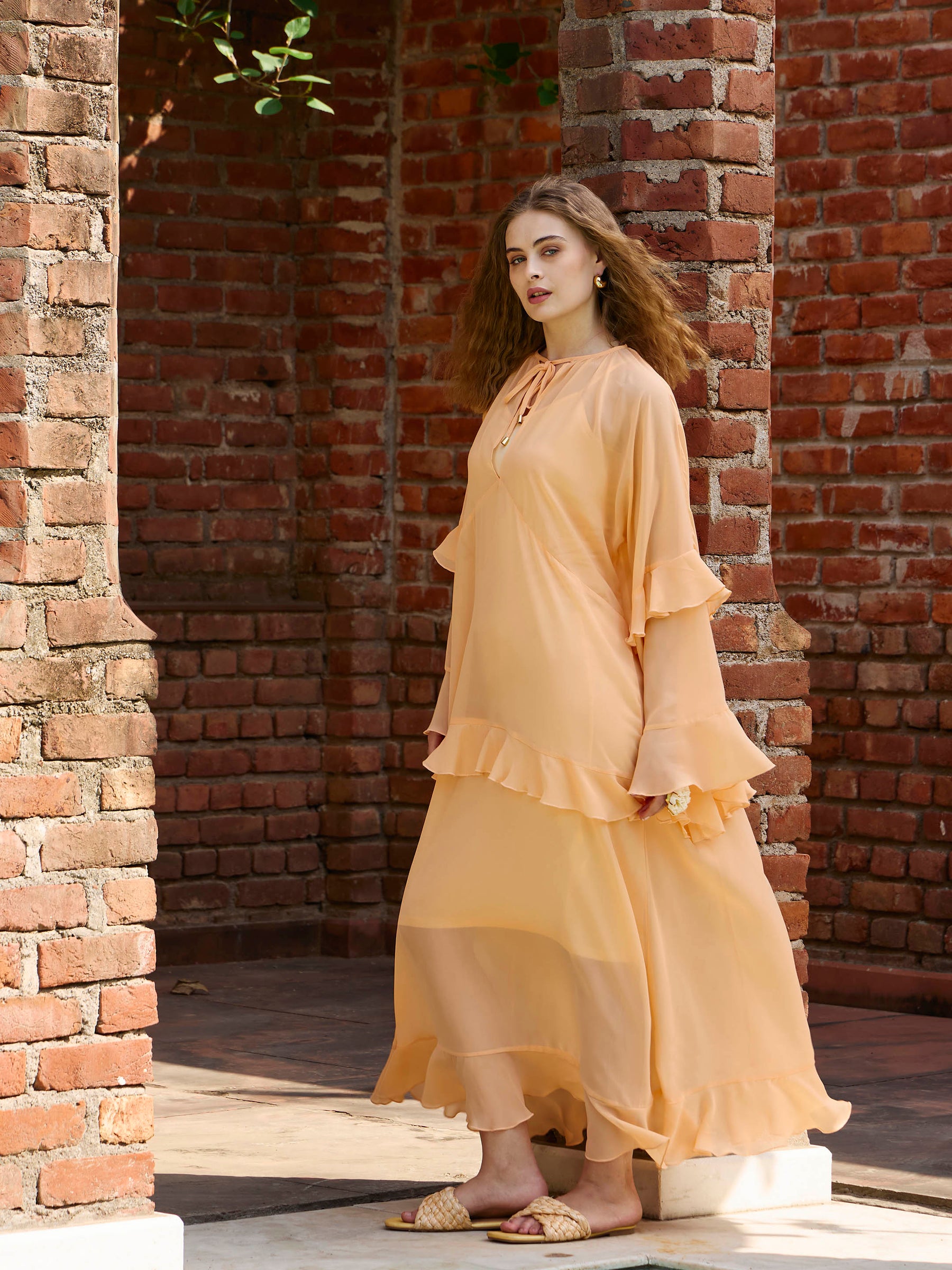 Peach Solid Loose Fit Maxi Dress-SASSAFRAS