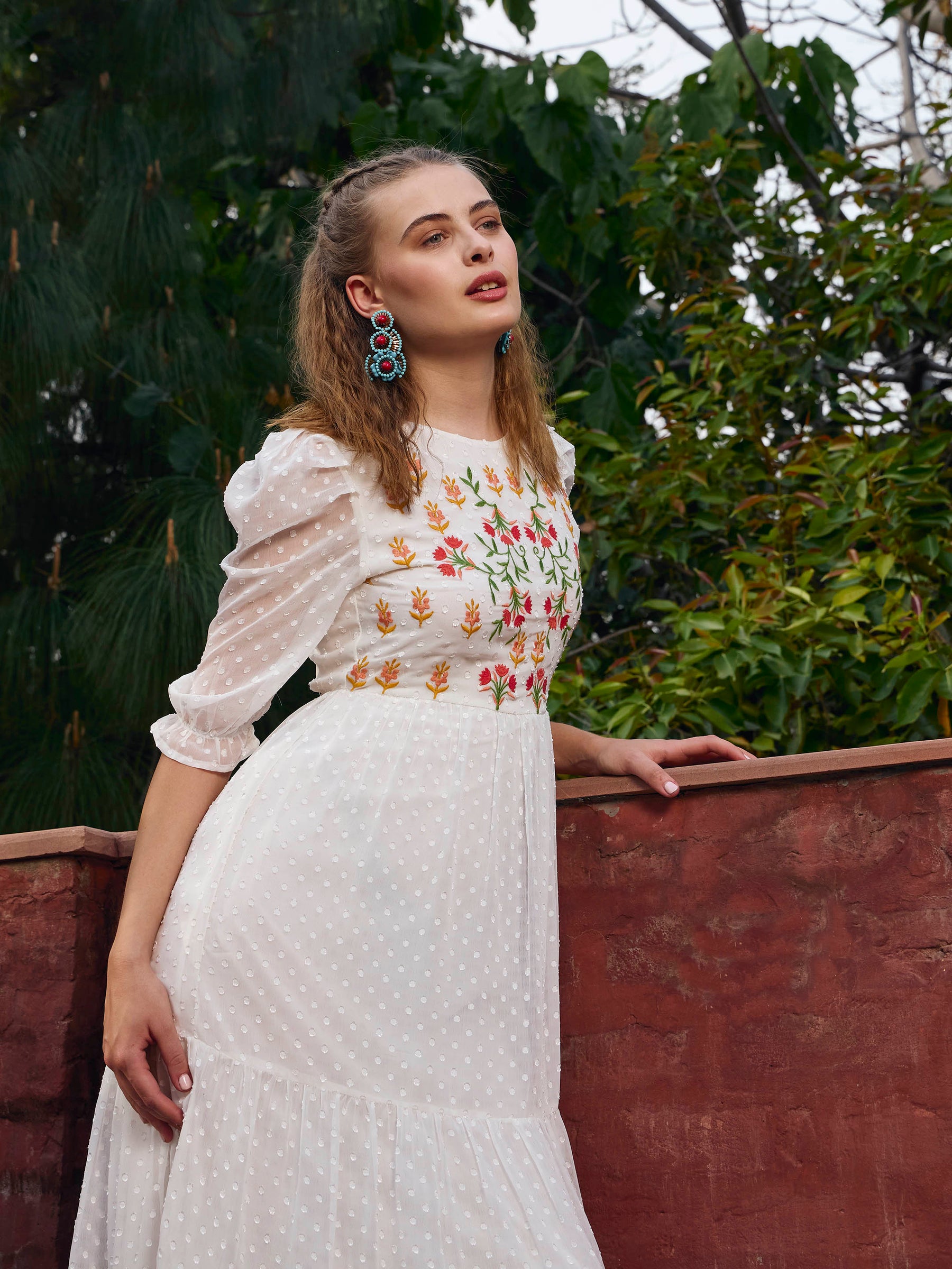 White Dobby Tiered Midi Dress-SASSAFRAS