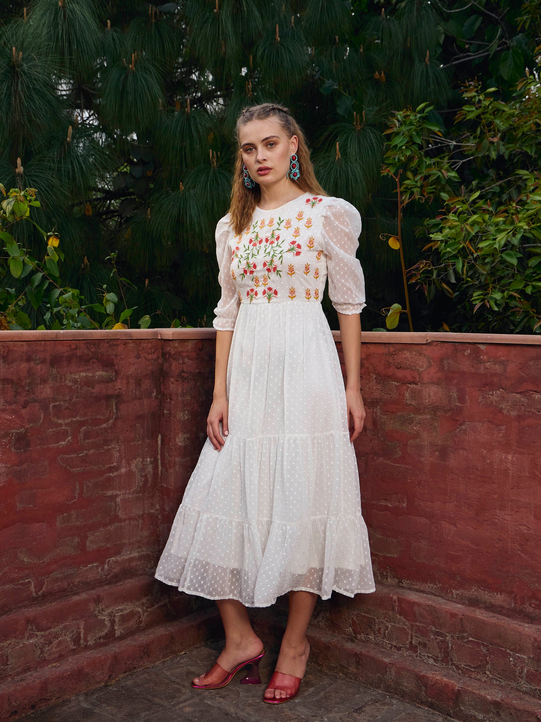 White Dobby Tiered Midi Dress-SASSAFRAS