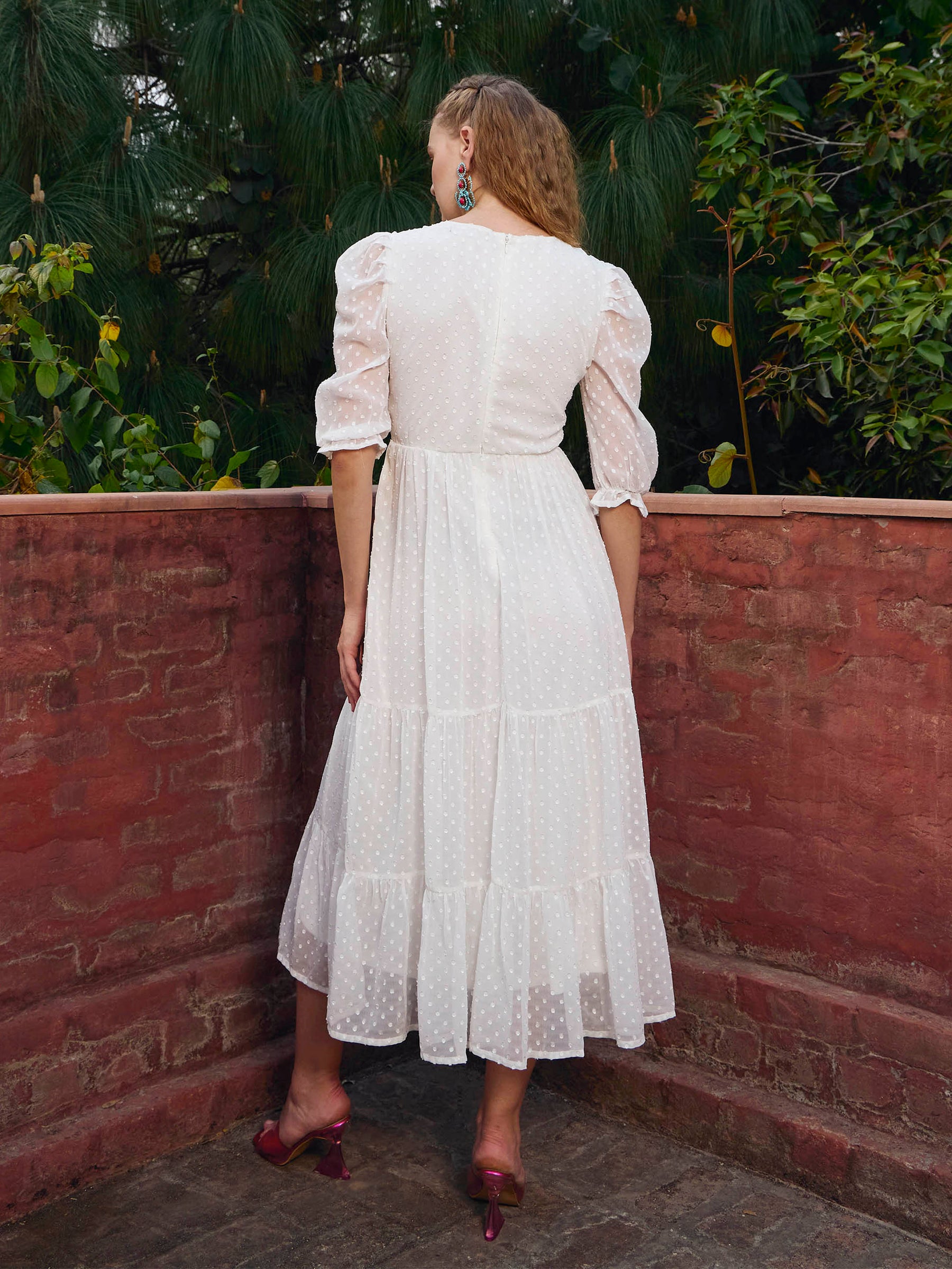 White Dobby Tiered Midi Dress-SASSAFRAS