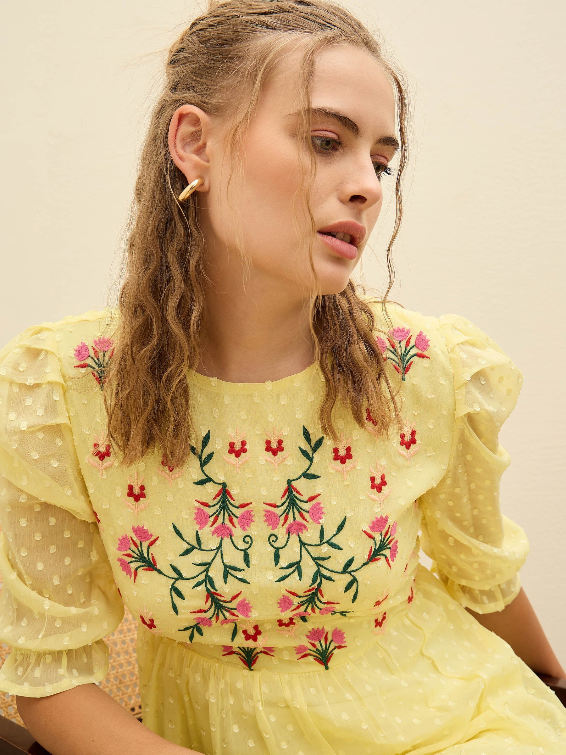 Yellow Dobby Tiered Midi Dress-SASSAFRAS