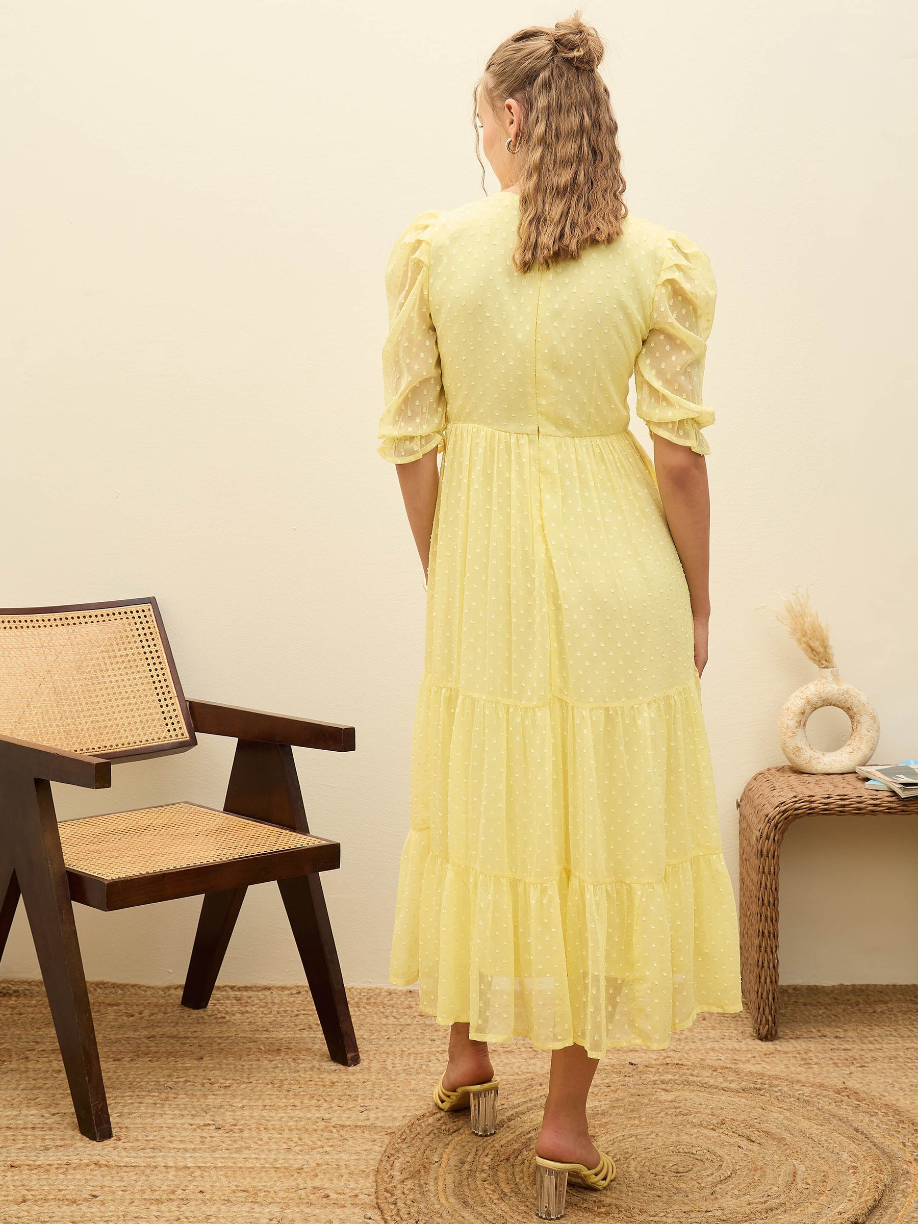 Yellow Dobby Tiered Midi Dress-SASSAFRAS
