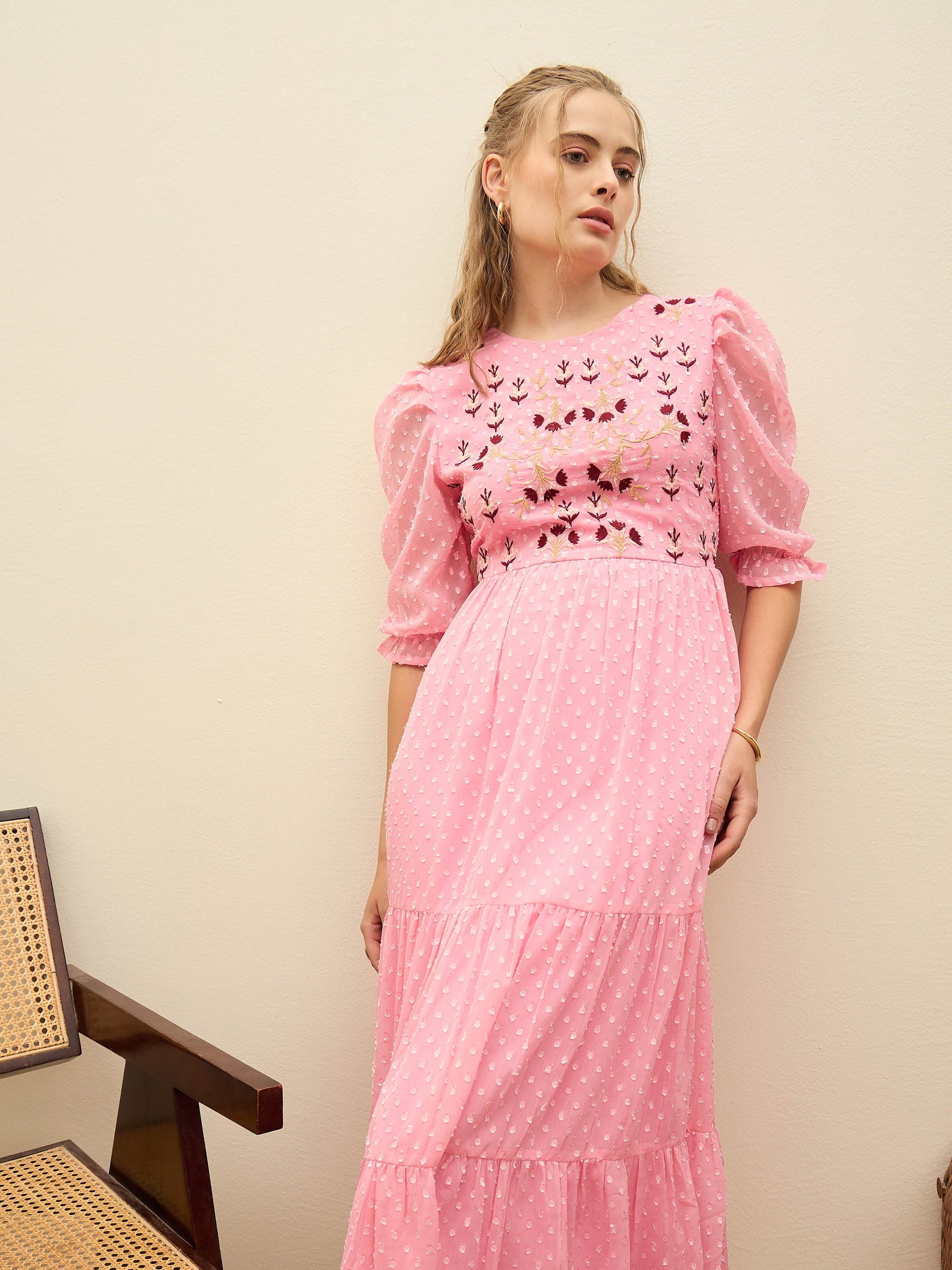 Pink Dobby Tiered Midi Dress-SASSAFRAS