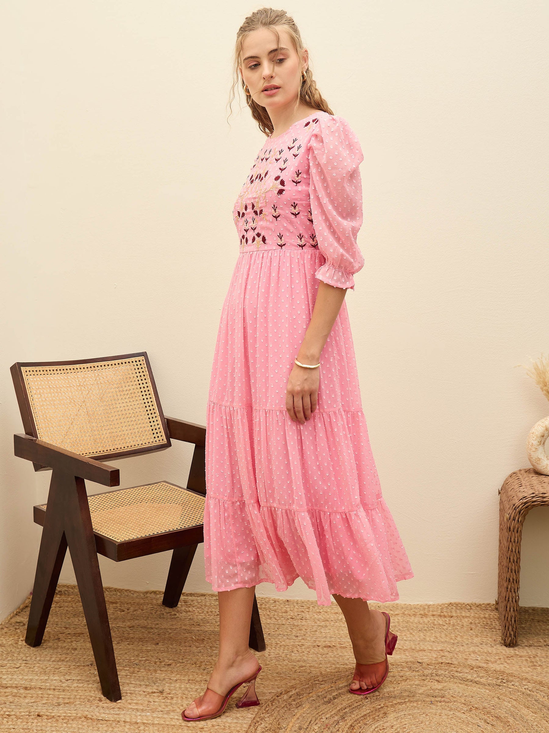 Pink Dobby Tiered Midi Dress-SASSAFRAS