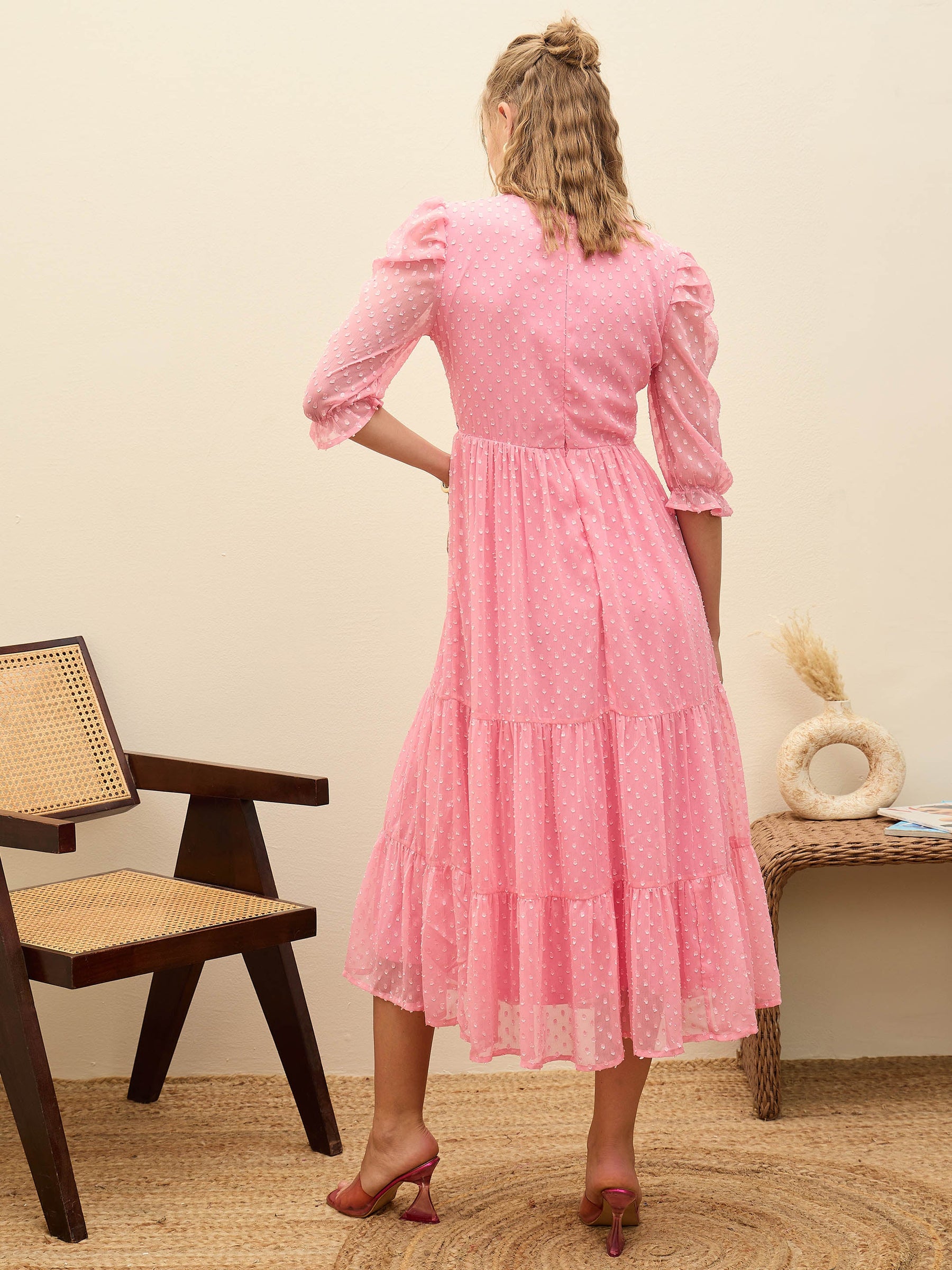 Pink Dobby Tiered Midi Dress-SASSAFRAS