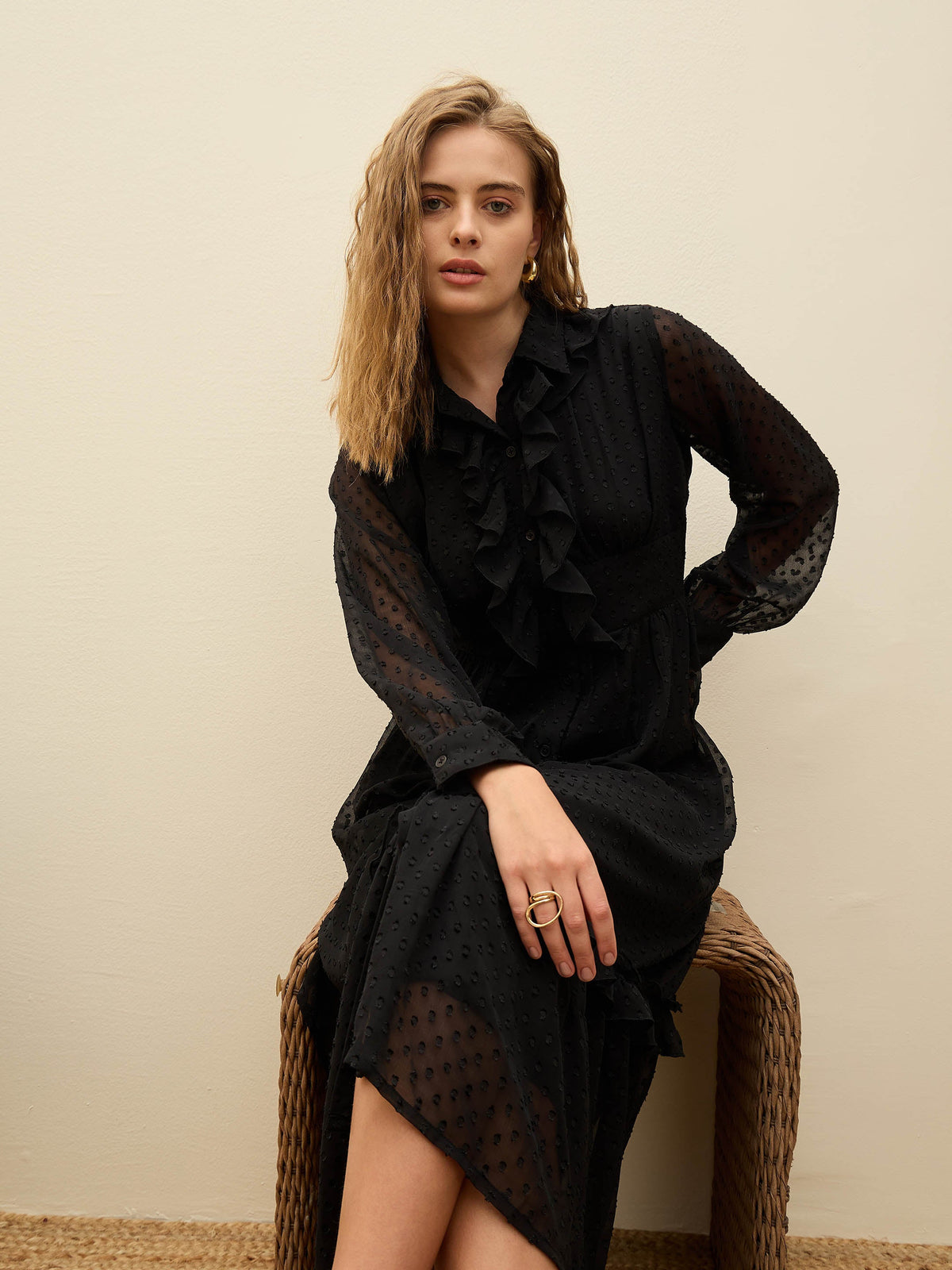 Black Dobby Puff Sleeve Midi Dress-SASSAFRAS