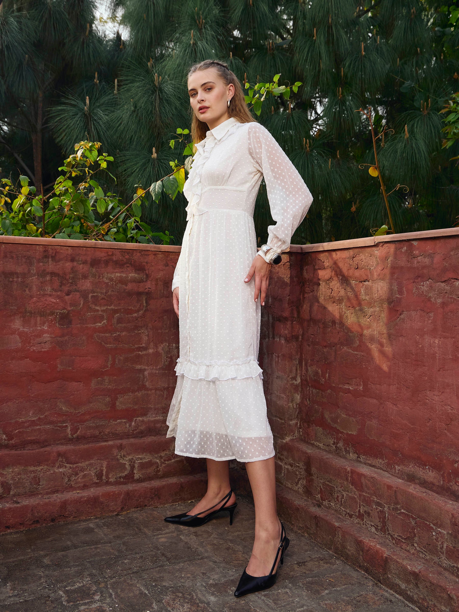 Green Dobby Puff Sleeve Midi Dress-SASSAFRAS