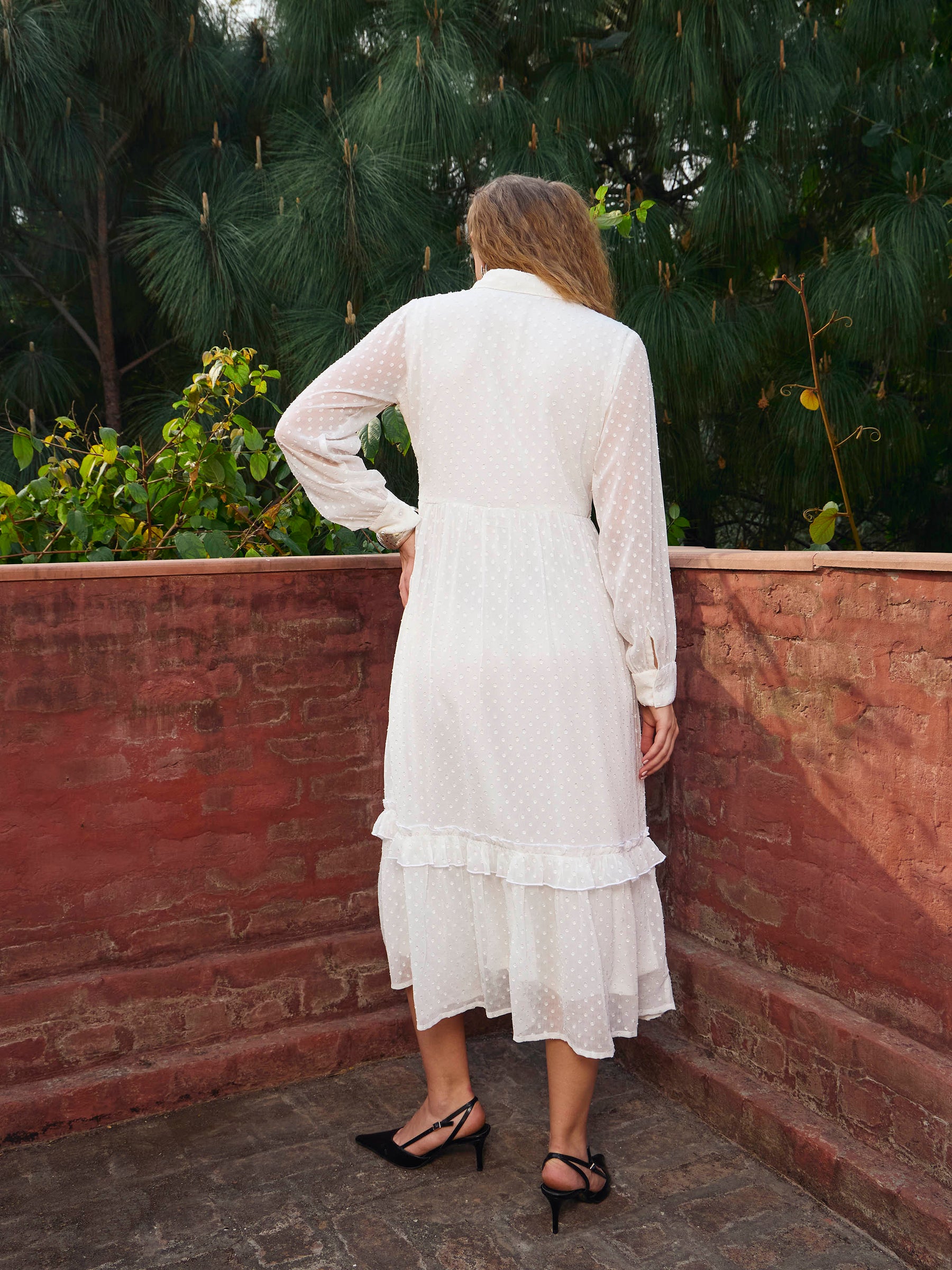 Green Dobby Puff Sleeve Midi Dress-SASSAFRAS