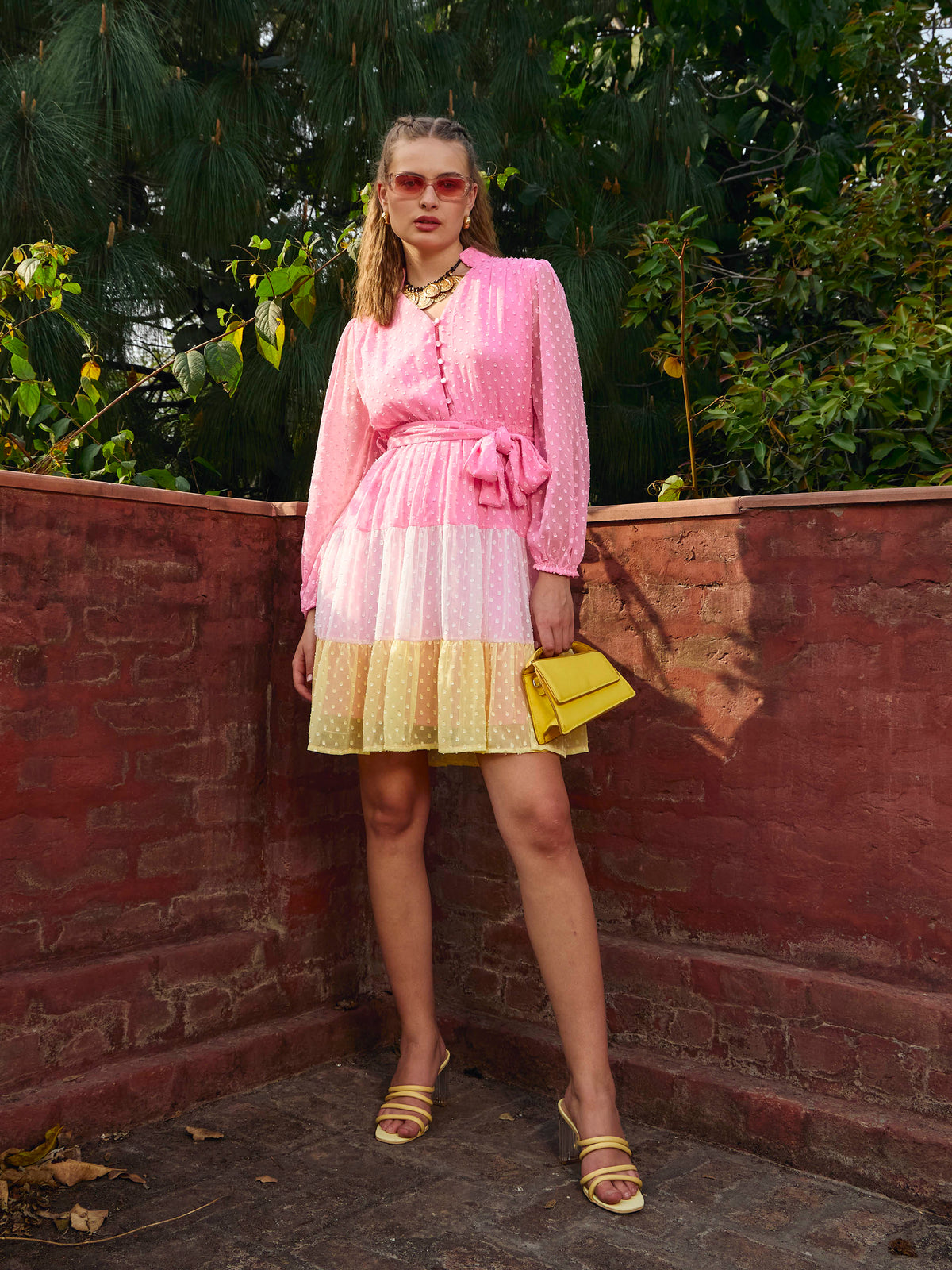 Pink Dobby Color Blocking Tiered Short Dress-SASSAFRAS