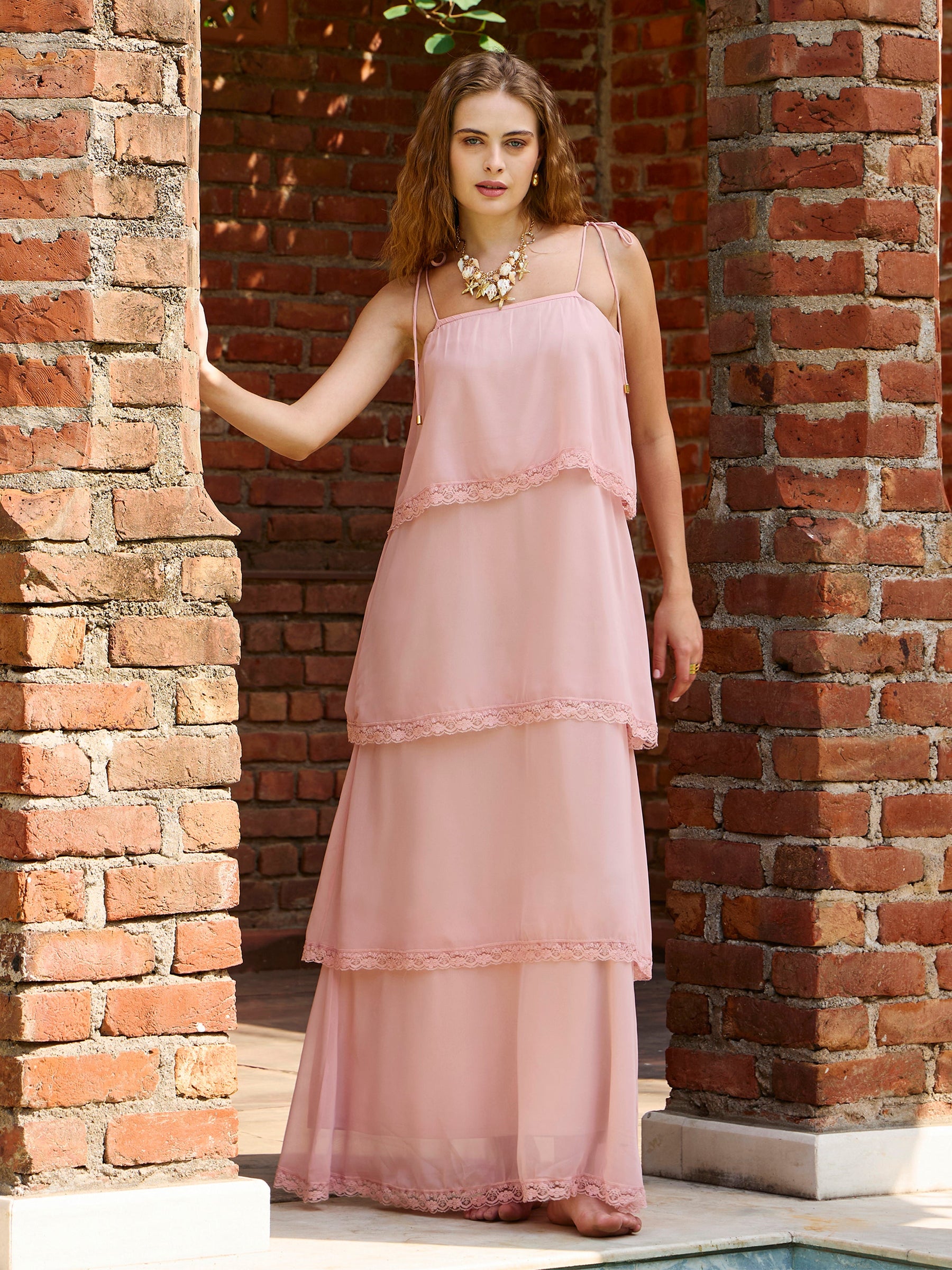 Peach Frill Strappy Maxi Dress-SASSAFRAS