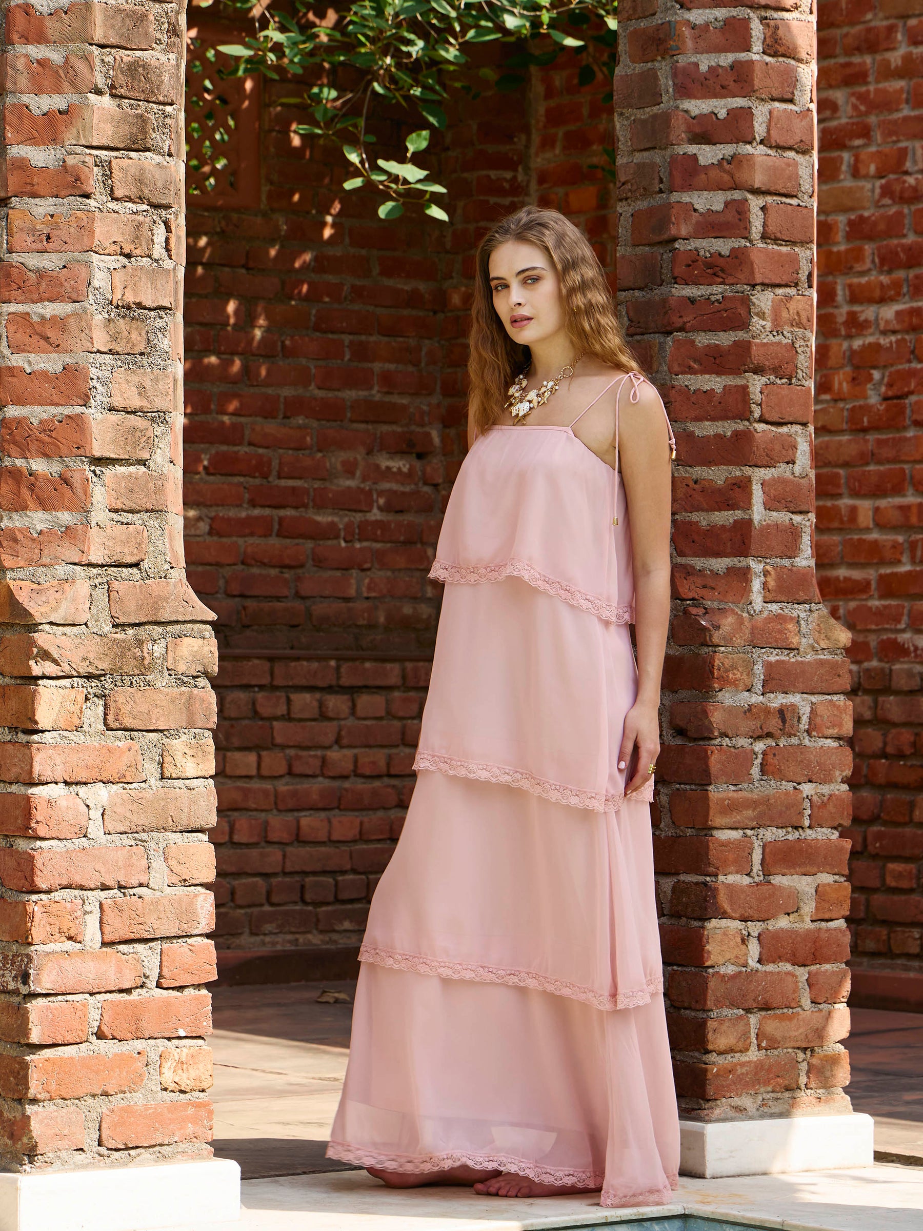 Peach Frill Strappy Maxi Dress-SASSAFRAS