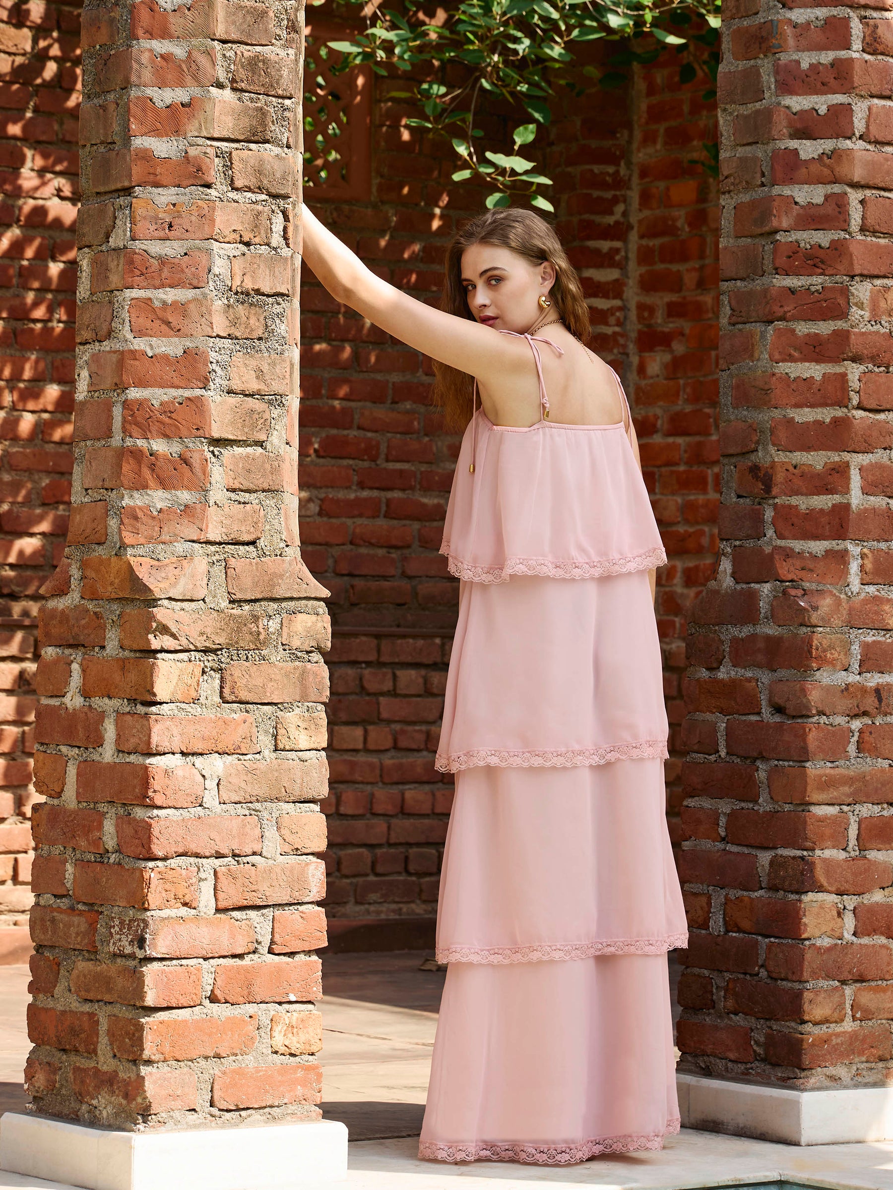 Peach Frill Strappy Maxi Dress-SASSAFRAS